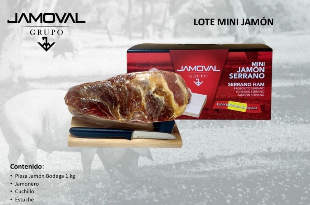 Mini Jamón Serrano 1 Kg + Jamonero + Cuchillo + Caja Presentacion. 10 Meses de Curacion. Jamon Serrano Mini ideal para Regalo. Gabaldor.