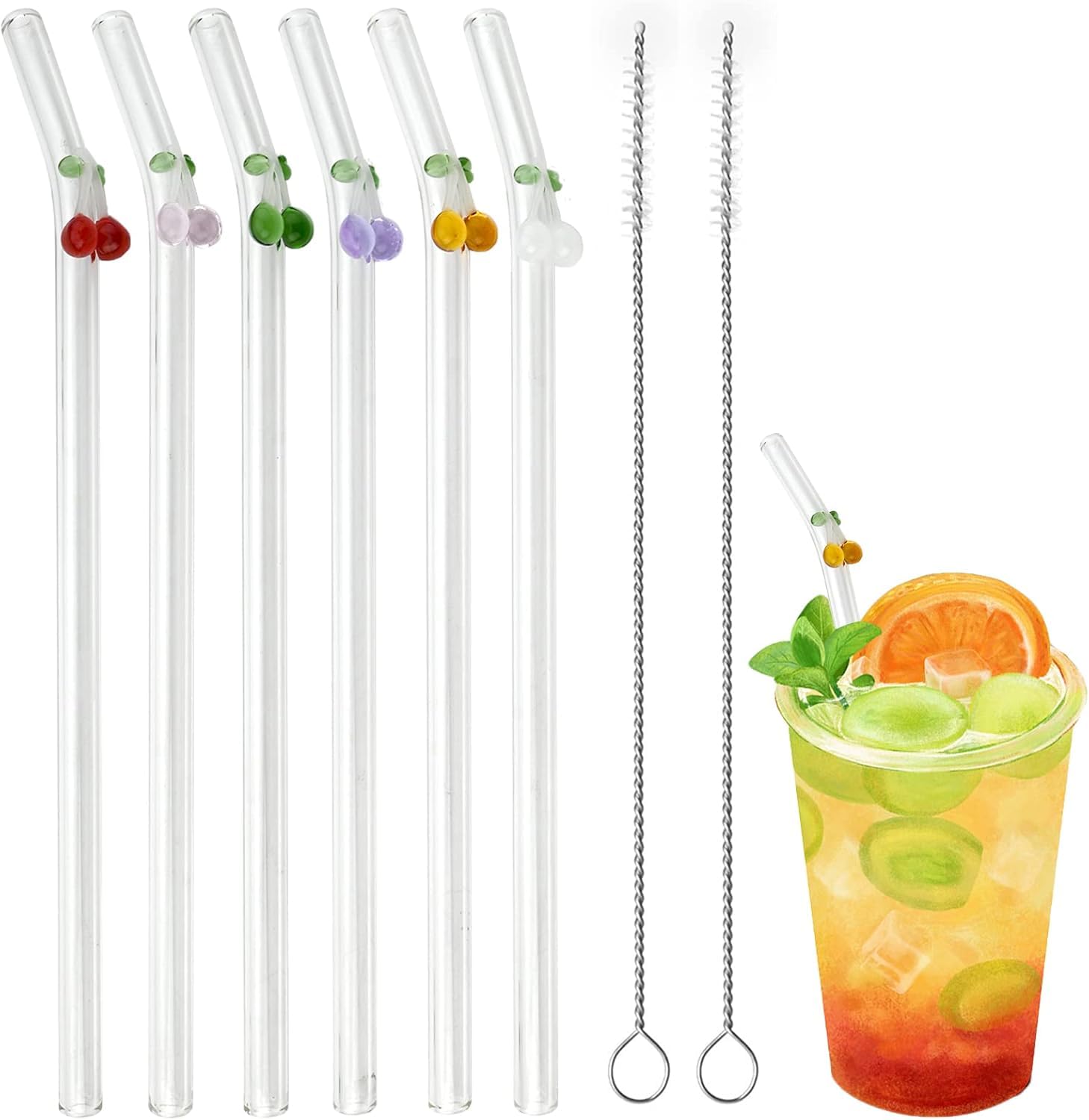 Copbopwn 6Pcs Reusable Glass Straws with Charms 7.9" Clear Glass Drinking Straws with Cherry Decor Bent Smoothie Straws for Cocktails Coffee Juice Milk Includes 2 Cleaning Brushes Dishwasher Safe