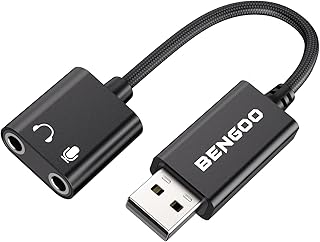 BENGOO USB Sound Card Adapter,USB Audio Adapter 3.5mm Jack,External Sound Card with Dual TRS Headphone and Microphone Jack for Windows Mac Linux PC Laptops Desktops PS4 Headsets, Black
