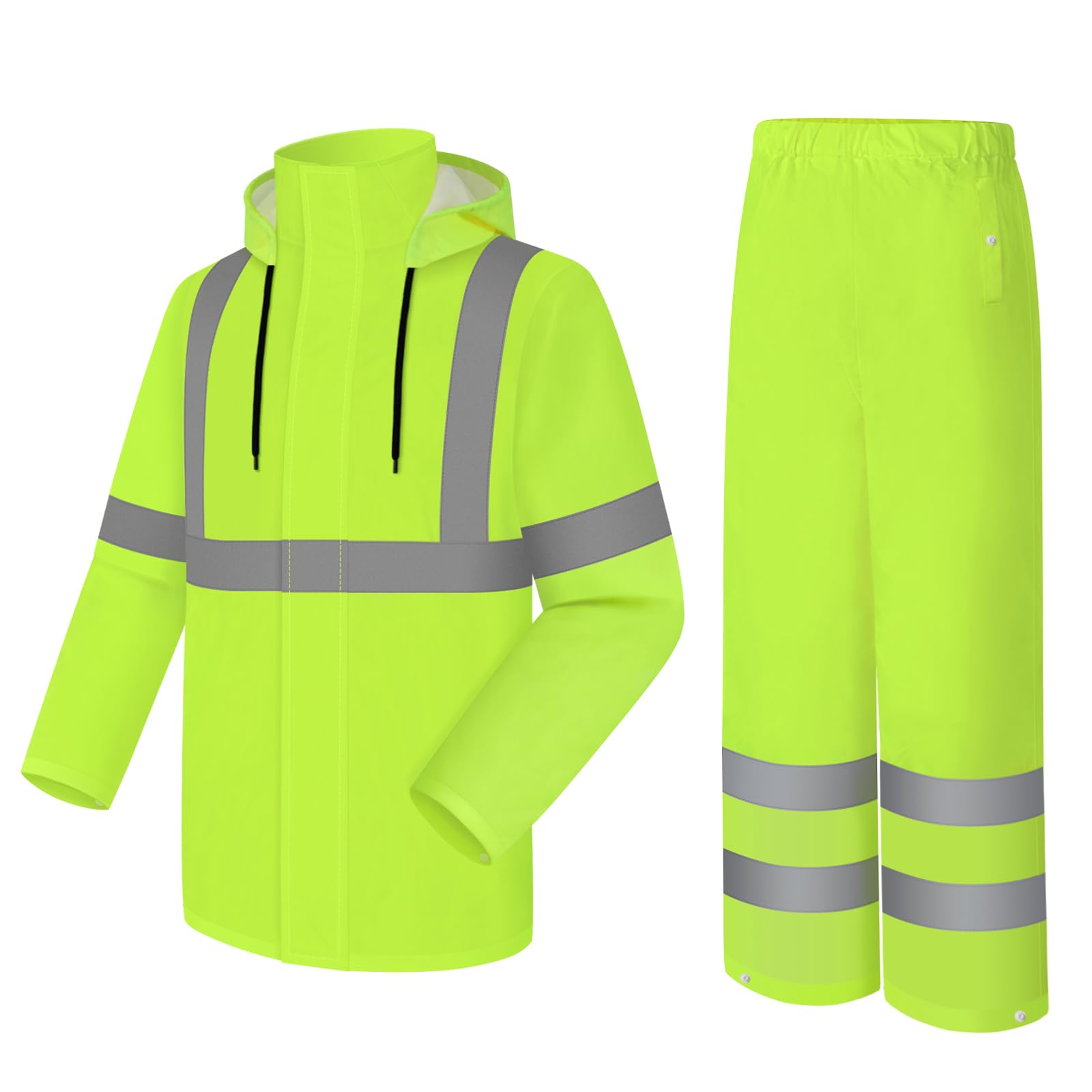 Uno Mejor High Visibility Rain Suit - Waterproof Jacket and Pants with Hood, Class 3 Lightweight Hi Vis Rain Gear for Outdoor & Safety Work, Men Women