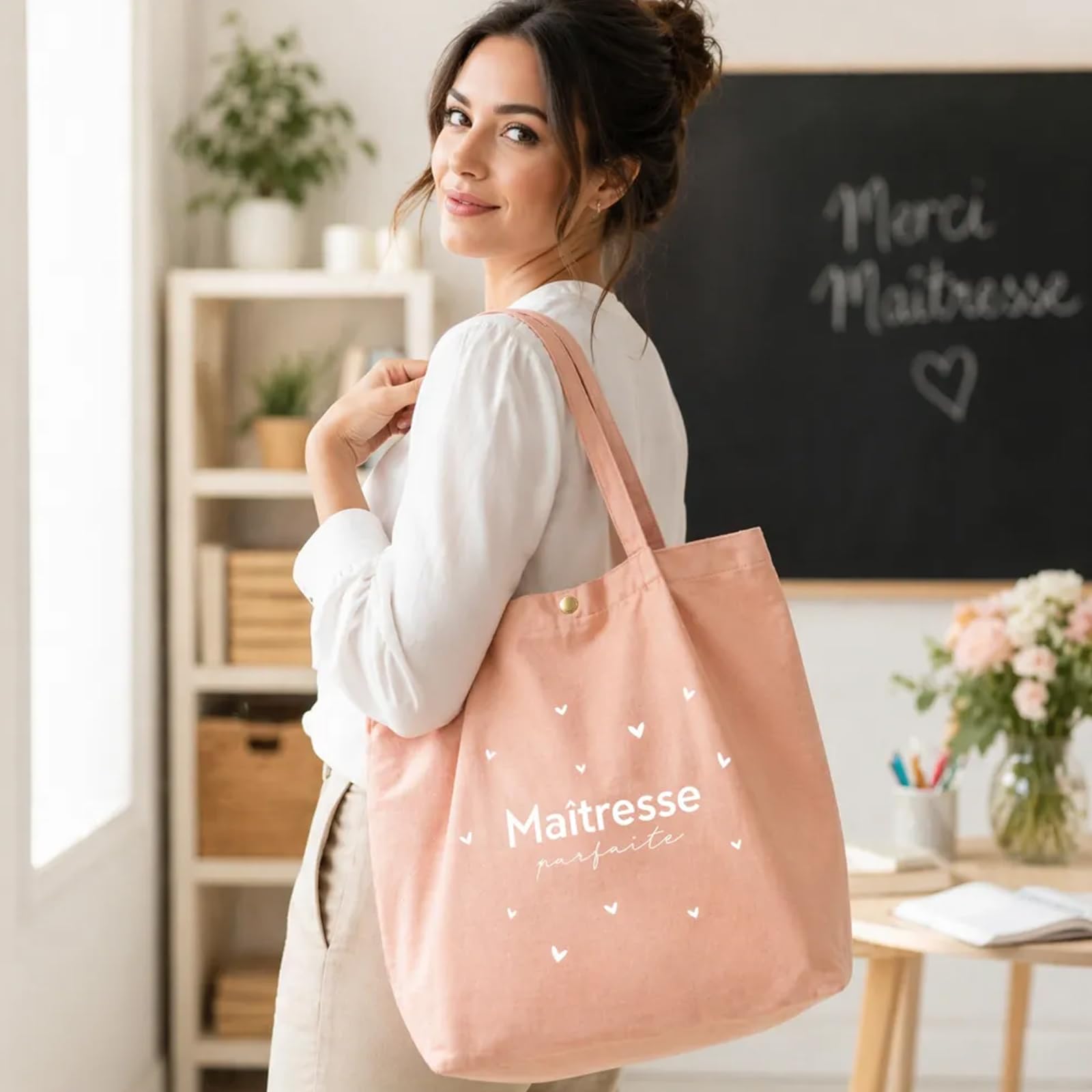 Manahia Tote Bag Maîtresse Parfaite - Idée Cadeau fin d'année scolaire & Noël - Sac Institutrice Brodé - Cabas 100% Coton avec Poche - Merci Maîtresse