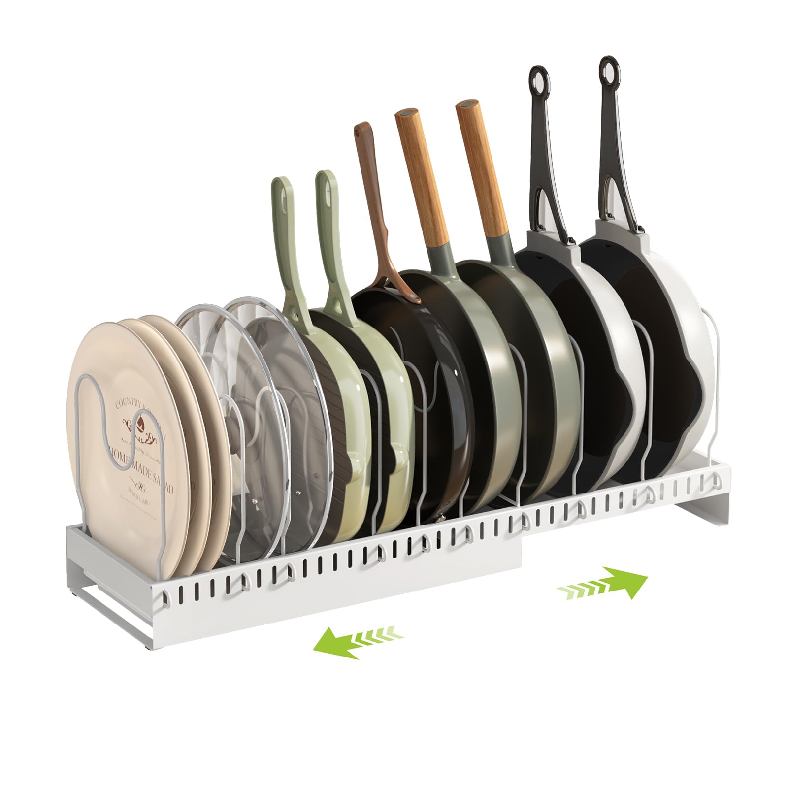 Organizador de ollas y sartenes debajo del gabinete con tabla de drenaje, organizador de tapa de olla expandible con 10 compartimentos ajustables, estante para tabla de cortar, sartén