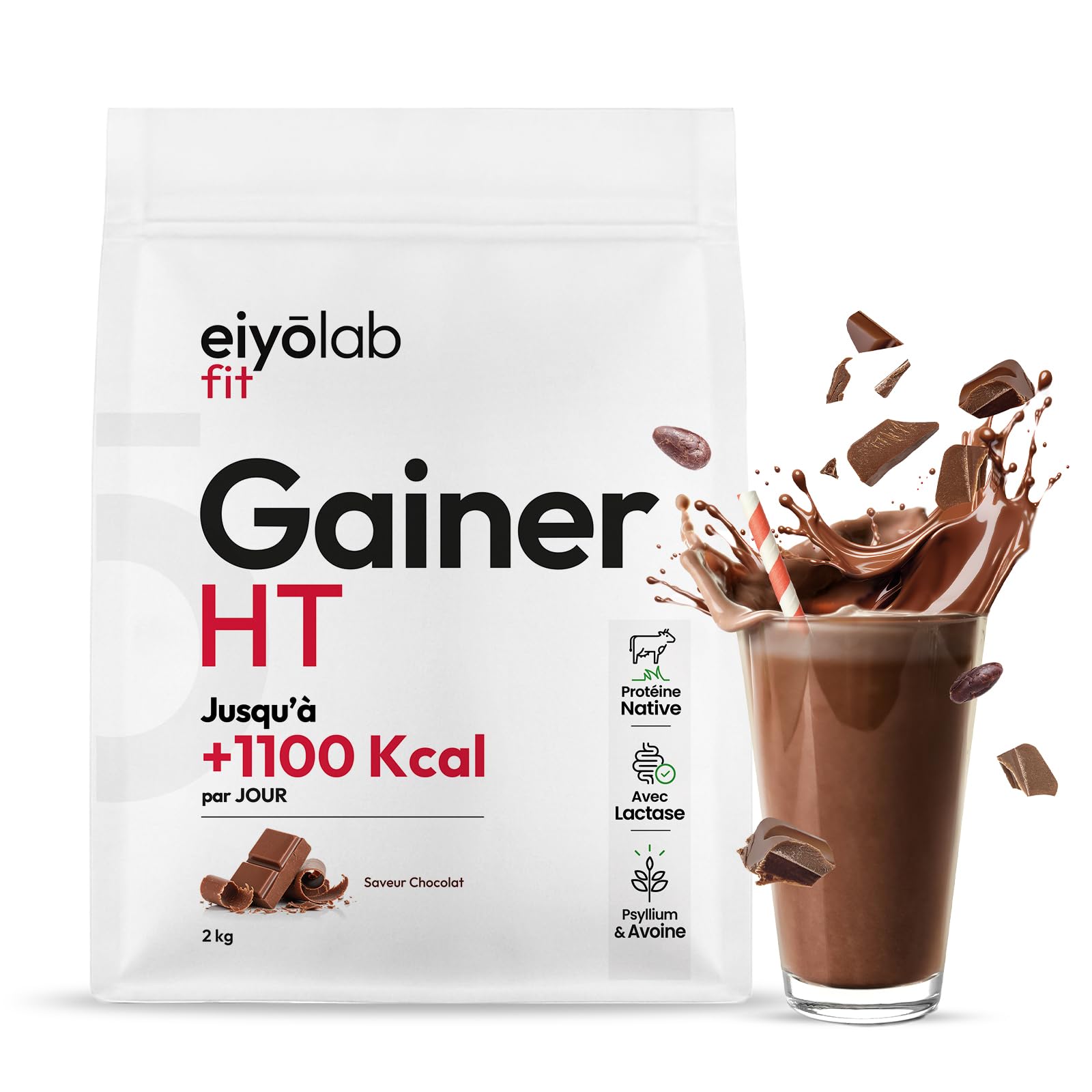 GAINER HT | 2 Sources de Protéines Natives + 2 Sources de Glucides + MCT | Gainer Prise de Masse Musculation | Whey + Caséine + Maltodextrine + Psyllium | Boisson Shaker Goût Chocolat | 2 kg | Eiyolab