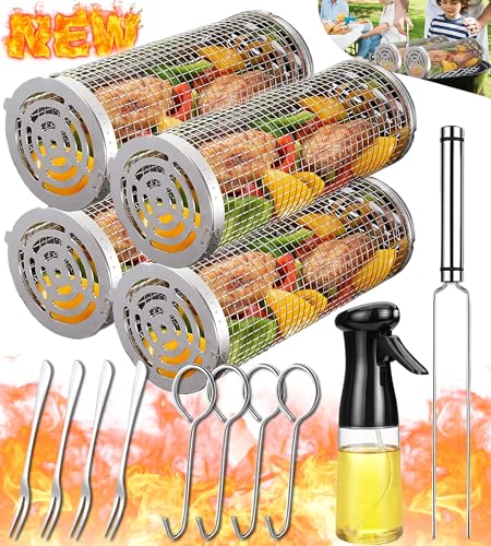 Rolling Grilling Baskets for Outdoor Grill Bbq Net Tube Large Round Mesh Barbecue Set Wire Cylinder Cage Grill Accessories Picnic Must Haves Tools Food Cooking Basket for Veggies Vegetable Fish Meat