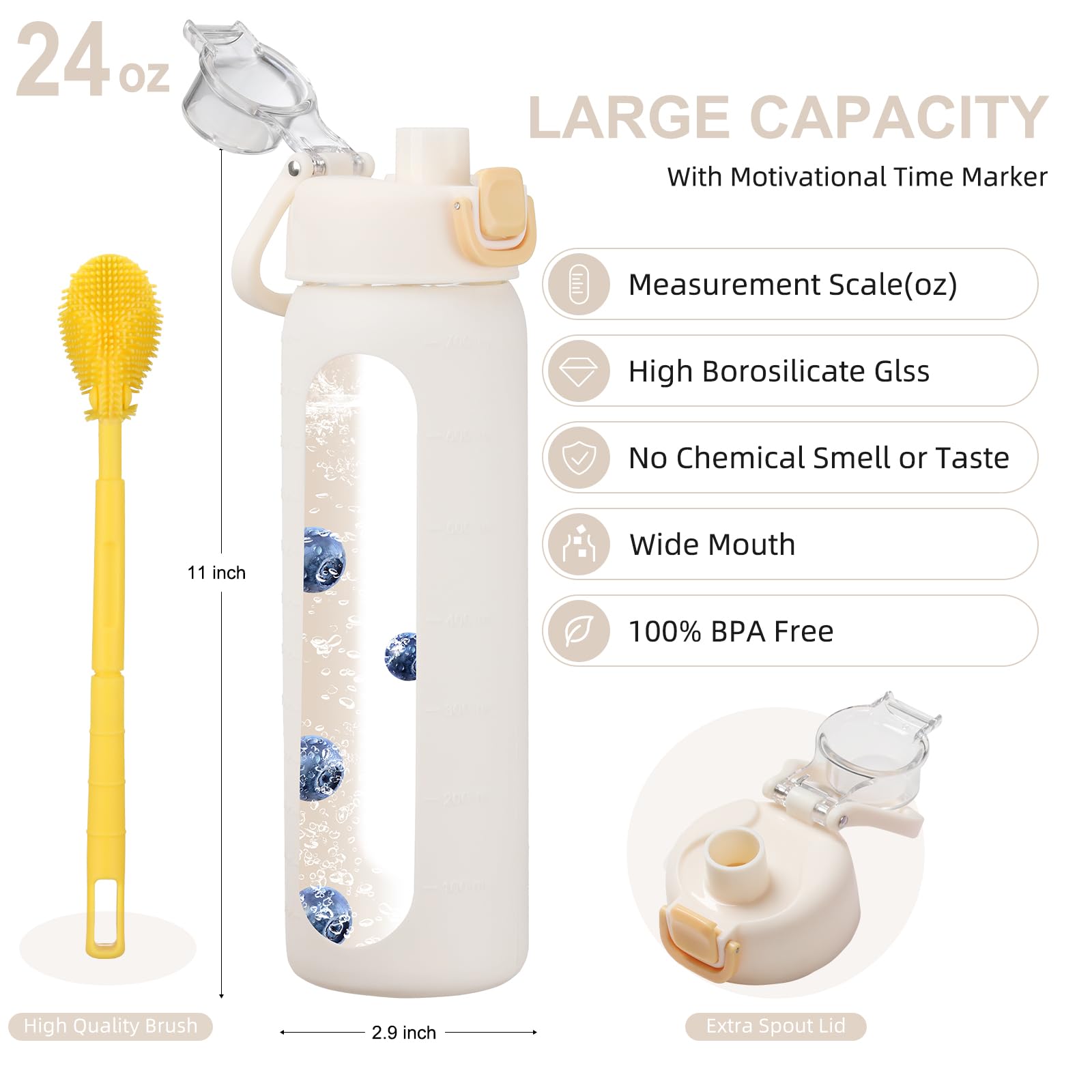 chunmo Bouteille d'eau en verre de 710 ml avec 2 couvercles, couvercle à bec verseur et couvercle à paille, bouteille d'eau motivante avec marqueur de temps et manchon en silicone, étanche, blanc