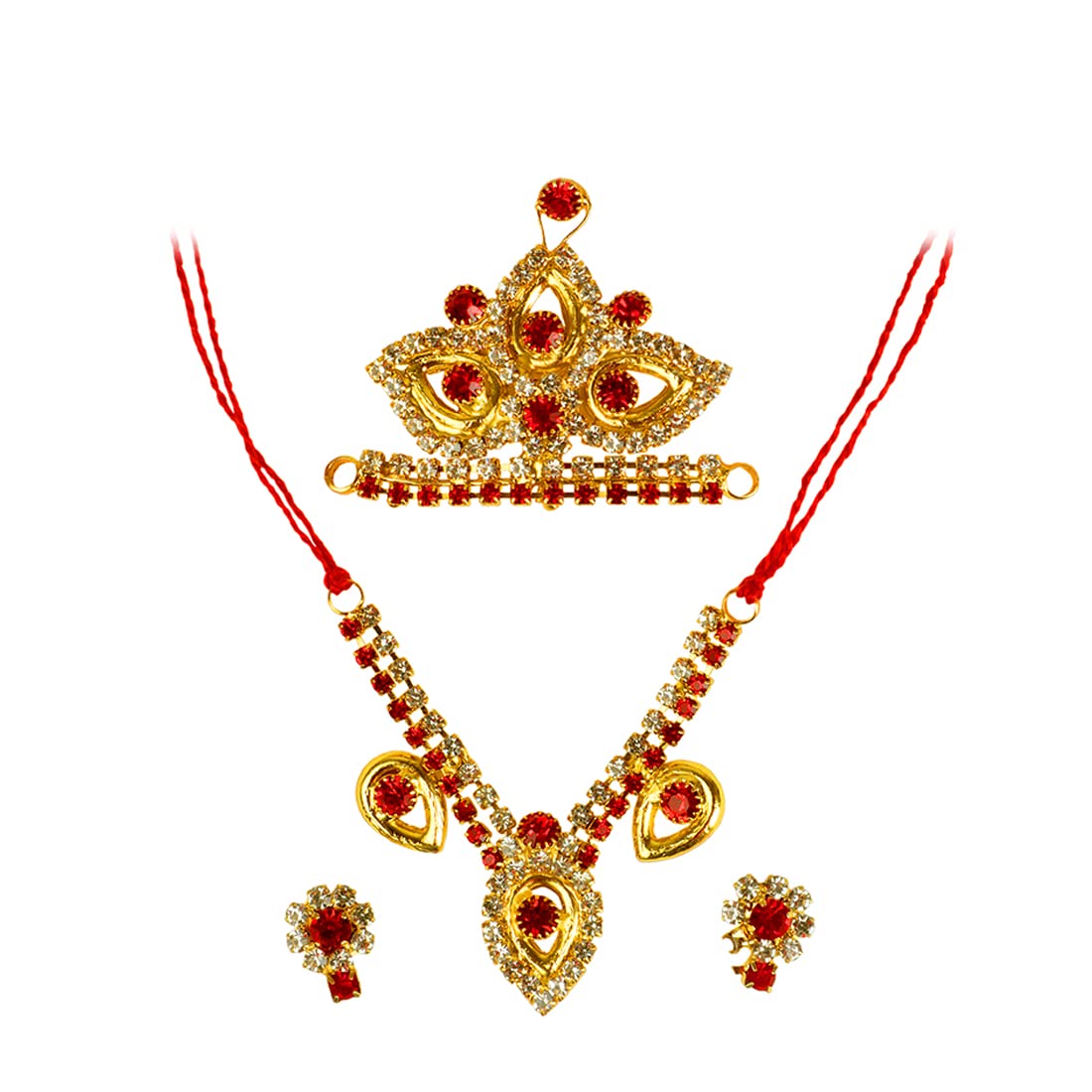 Aditri Creations Devi Maa/Radha Rani/Laddu Gopal Shringar Set faux Diamond Mukut, Mala & Earrings Combo Deities jewellery Set for idol statue With Red & White stone