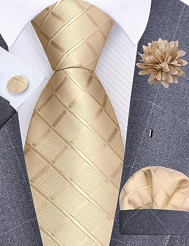 Image of GUSLESON 3.15 inch(8cm) Mens Tie and Lapel Pin Plaid Checkered Necktie Hankerchief Cufflinks Set for Men