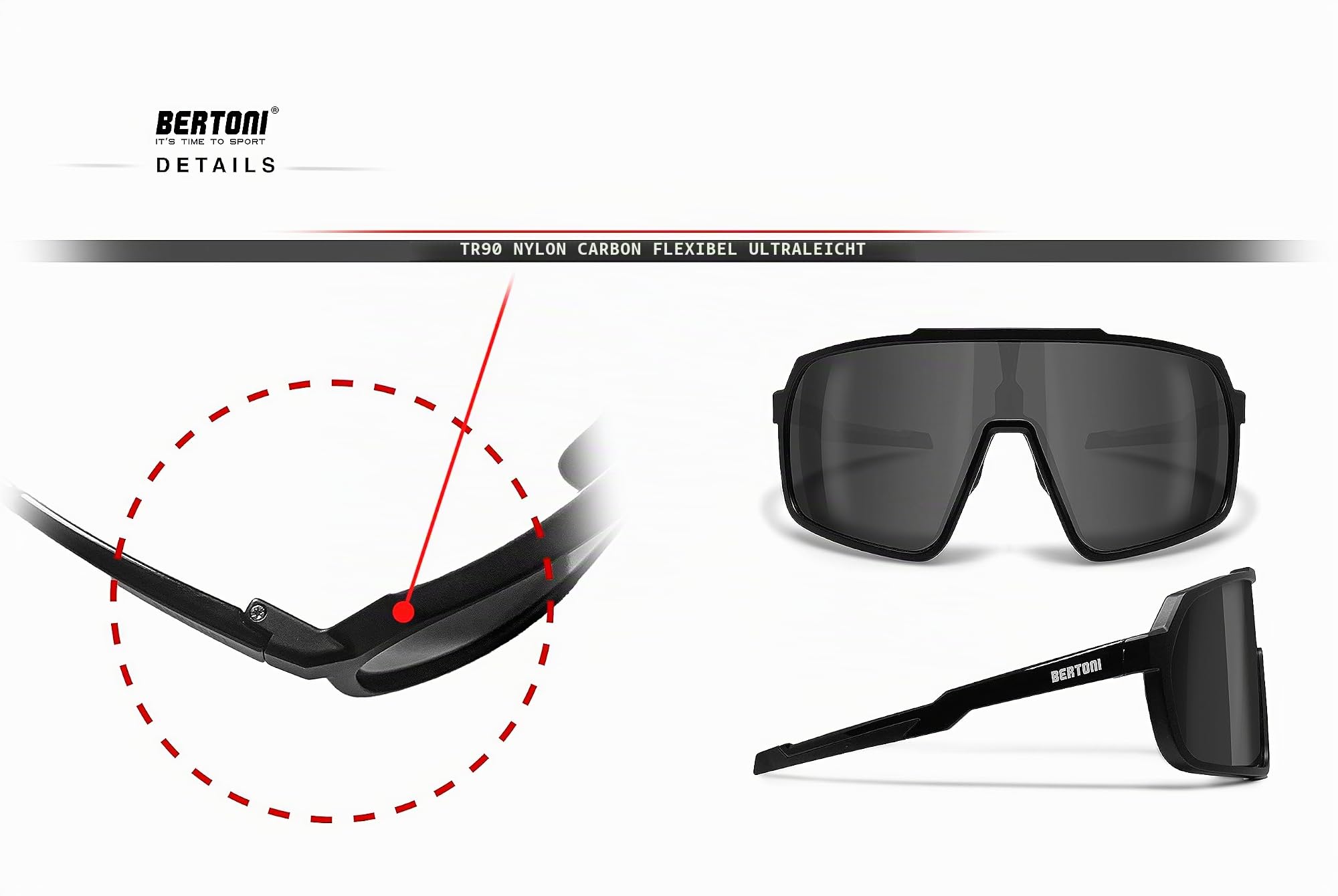 BERTONI Radfahren MTB Lauf Sportbrille für Männer Frauen in TR90 Antibeschlag Weitwinkelobjektiv mod. GEMINI
