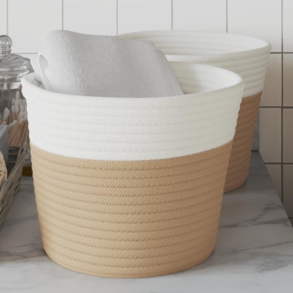 Mangloder Aufbewahrungskörbe 2 Stk. Beige und Weiß, geflochten, faltbar, Stoff Organizer aus Baumwolle, 24 x 18 cm, für Regal, Küche, Schlafzimmer, Bad, Wohnzimmer, Boho Deko