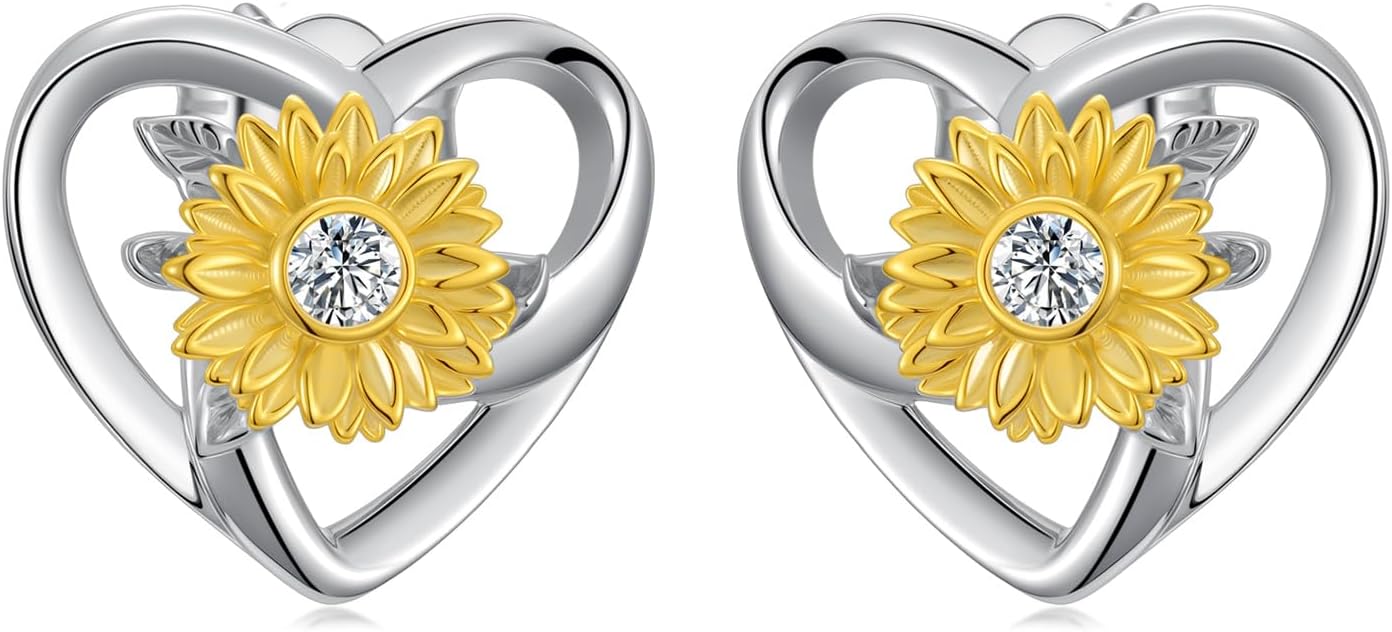 Diamond Sunflower Stud Earrings for Women 925 Sterling Silver Sunflower Heart Stud Earrings Jewelry Gifts for Mom Wife Girlfriend Daughter Sister