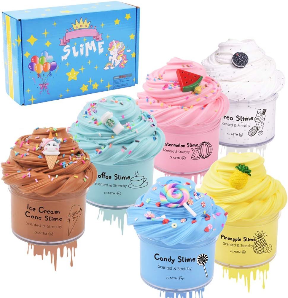 6 Pack Butter Slime Kit with Ice Cream Slime Coffee Slime Watermelon Slime Oreo Slime Lollipop Slime Pineapple Slime, Super Soft and Non Sticky