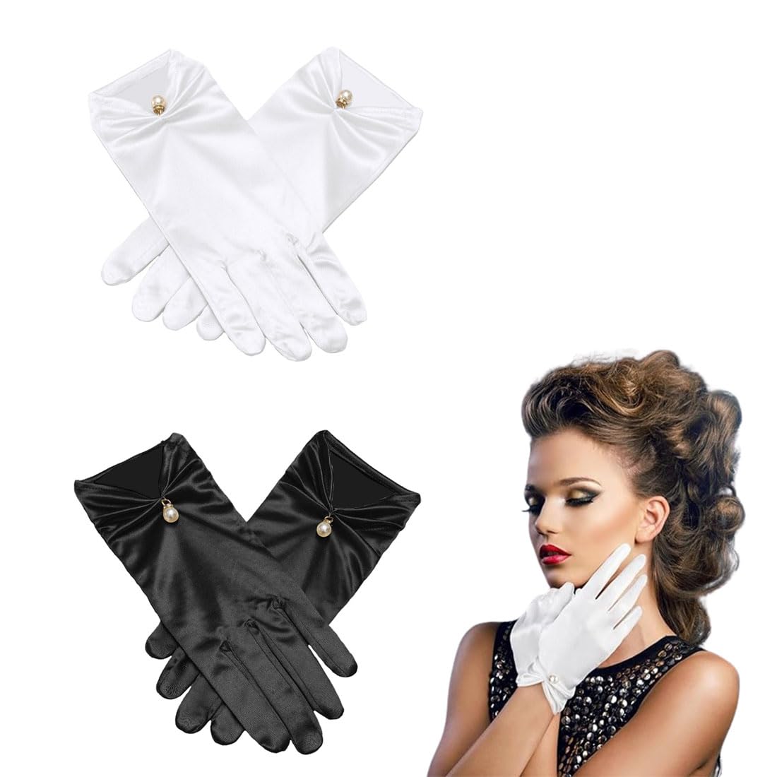 HZAOPZE Guantes de 2 Piezas Guantes Cortos Guantes de Novia Elegantes para Mujer Guantes de Encaje en la muñeca de Flores Guantes de Cena de ópera de Boda de Verano de cortesía, Blanco, Negro