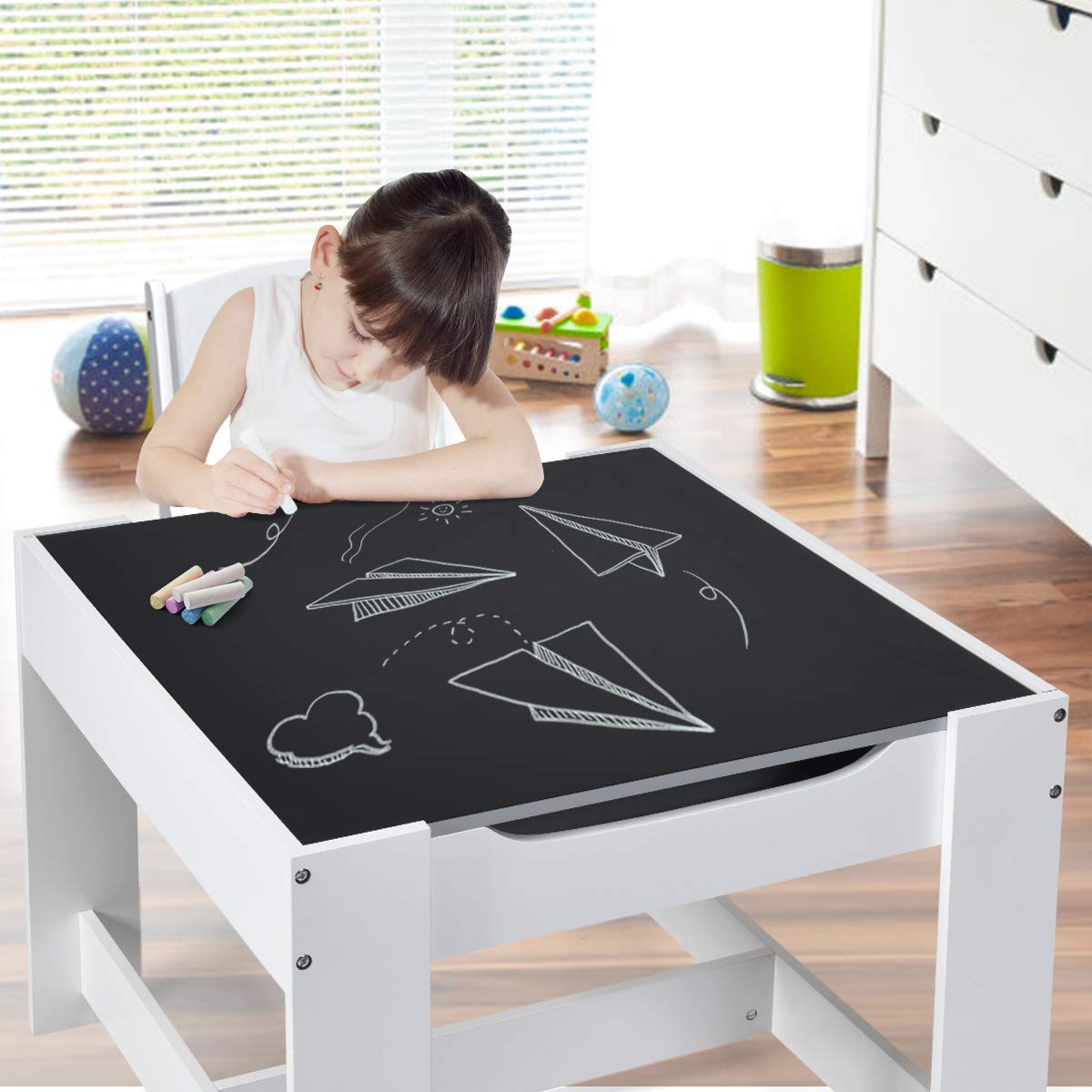 Costzon Kids Table and Chair Set, 3 in 1 Wooden Activity Table with ...