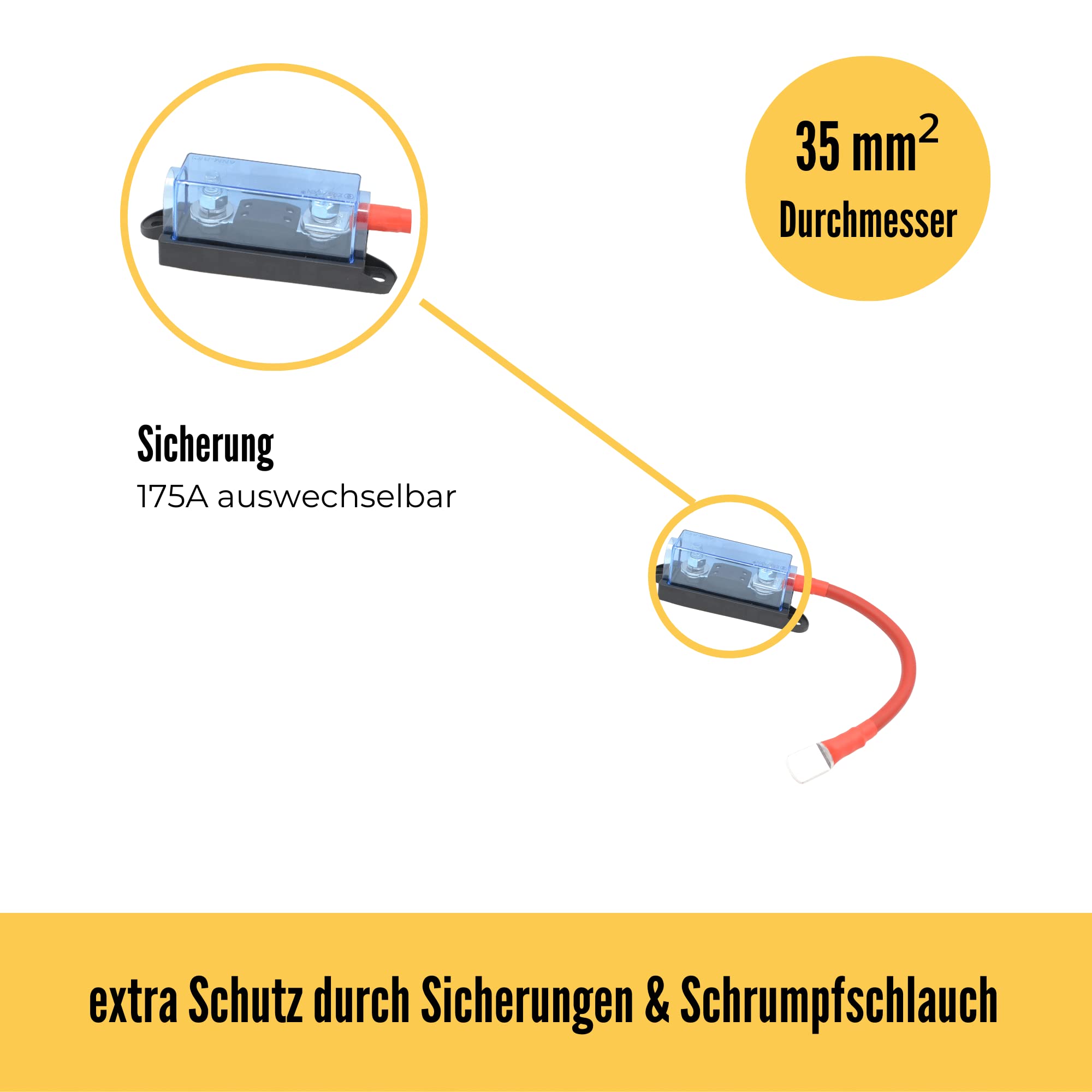 Sicherungs Set/Batteriekabel Wechselrichter/Spannungswandler bis 2000 Watt/150 A inklusive Mega Sicherungshalter und Sicherung. 35mm2 Kabel