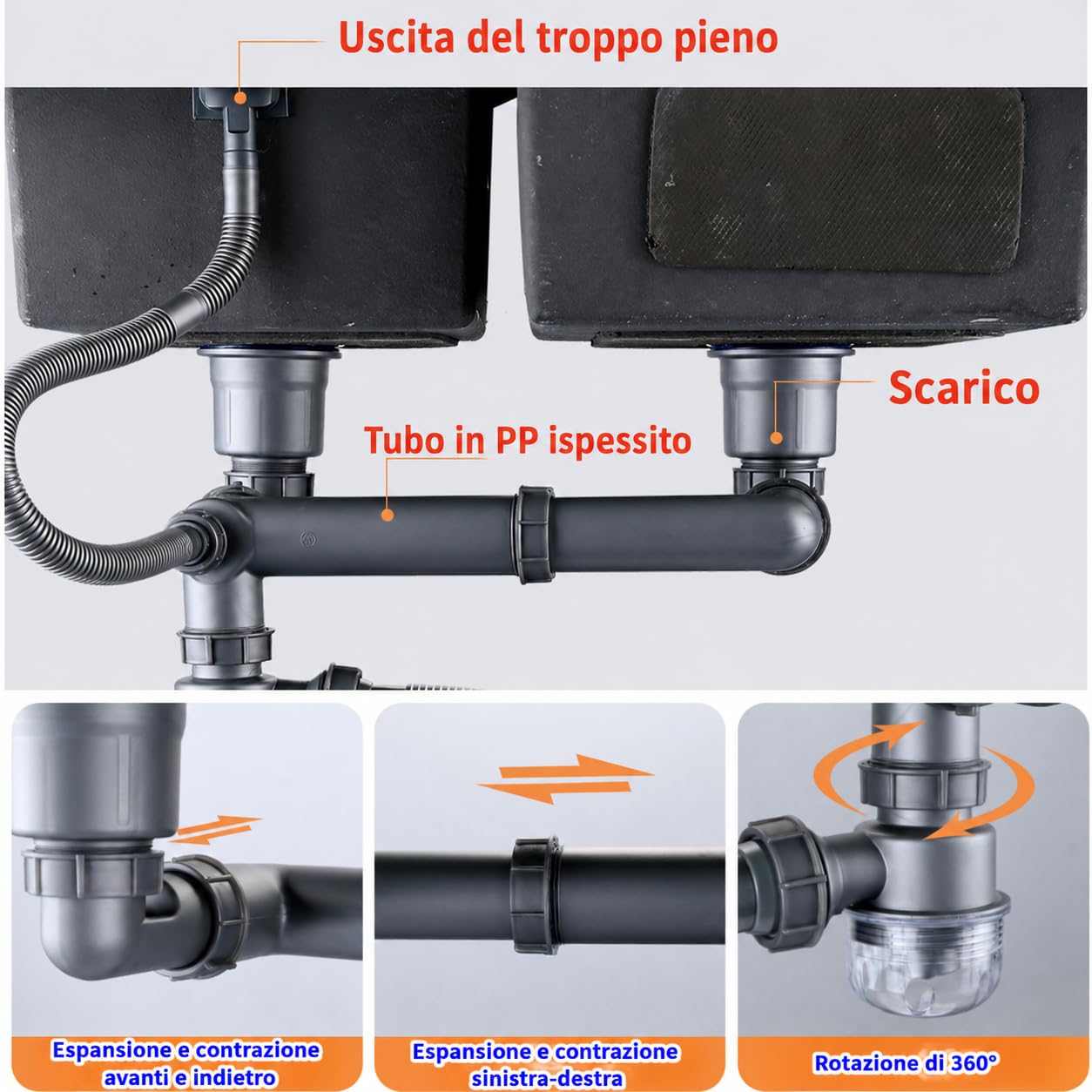Set di scarico per doppio lavello - Set di scarico per lavello da cucina salvaspazio - Sifone flessibile estensibile 114mm - Set di montaggio per scarico lavello con adattatore di