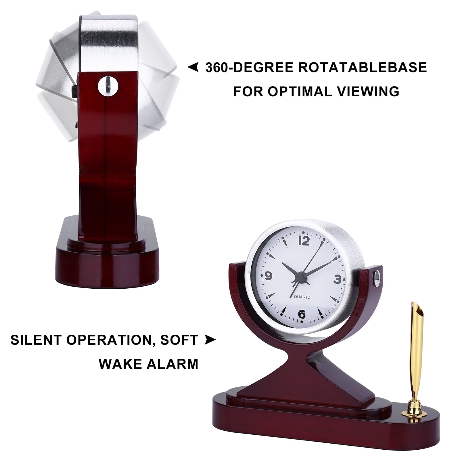 CIGERA Wooden Desk Alarm Clock Battery Operated, Silent Non-Ticking, Adjustable Angle & Pencil Holder | Office, Shelf, Table Decor | Gift for Students, Teachers, Professionals (Home, Desk, Work)
