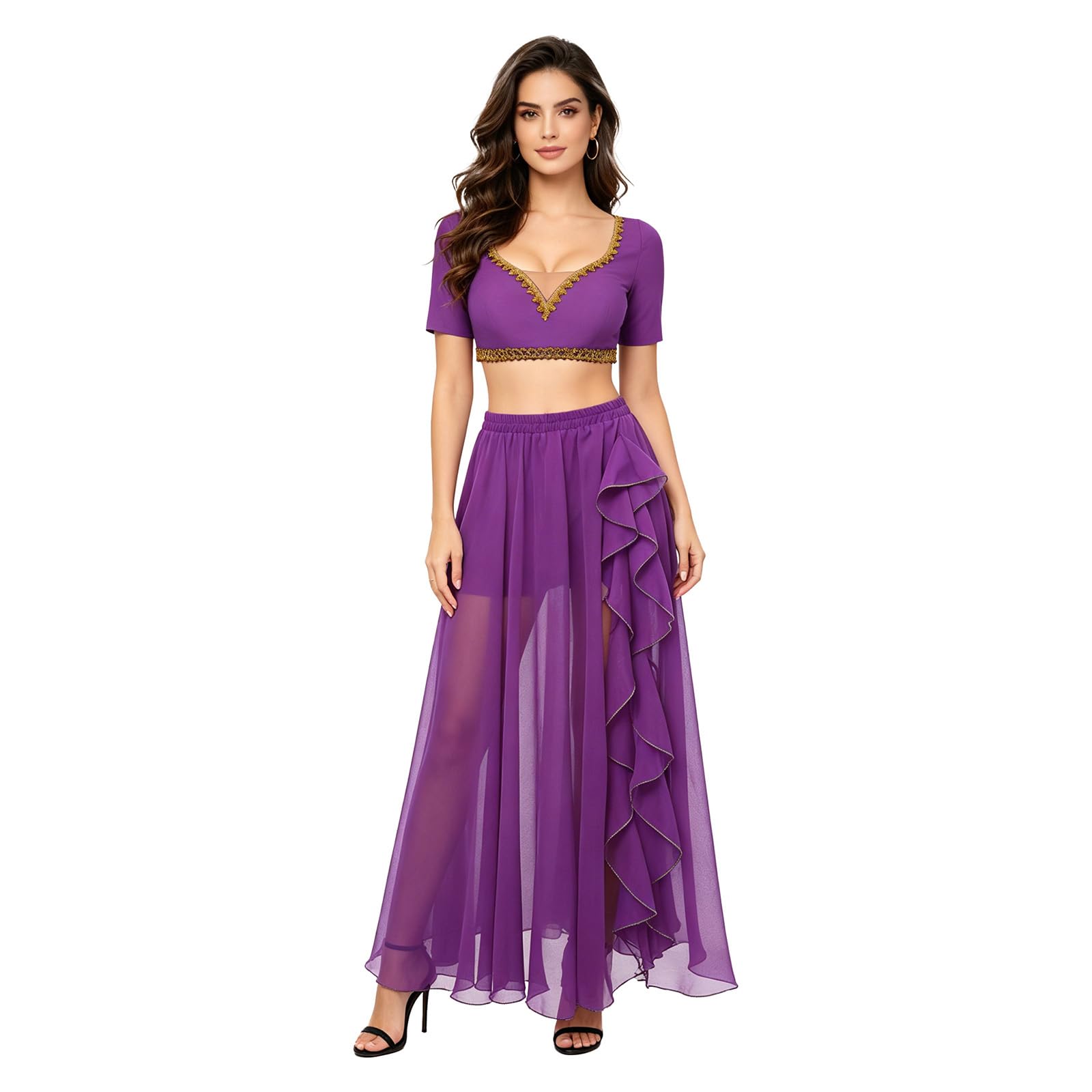 Yihuimin Women for Rave Cabaret Party Shiny Sequin Tassel 2 Pcs Set Arabian Fance Dress Up Belly Dancer Outfit Purple XXL