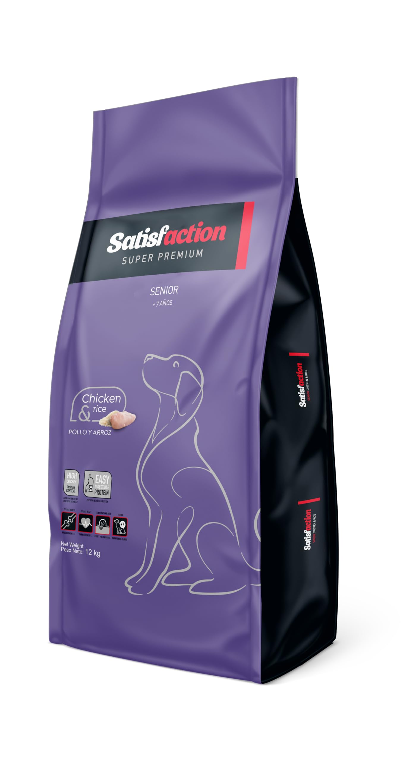 Satisfaction Senior 12 kg- pienso para Perros Mayores de +7 años. Menor cantidad de Grasas y Niveles moderados de proteínas. Elaborada con Pollo Fresco y arroz.