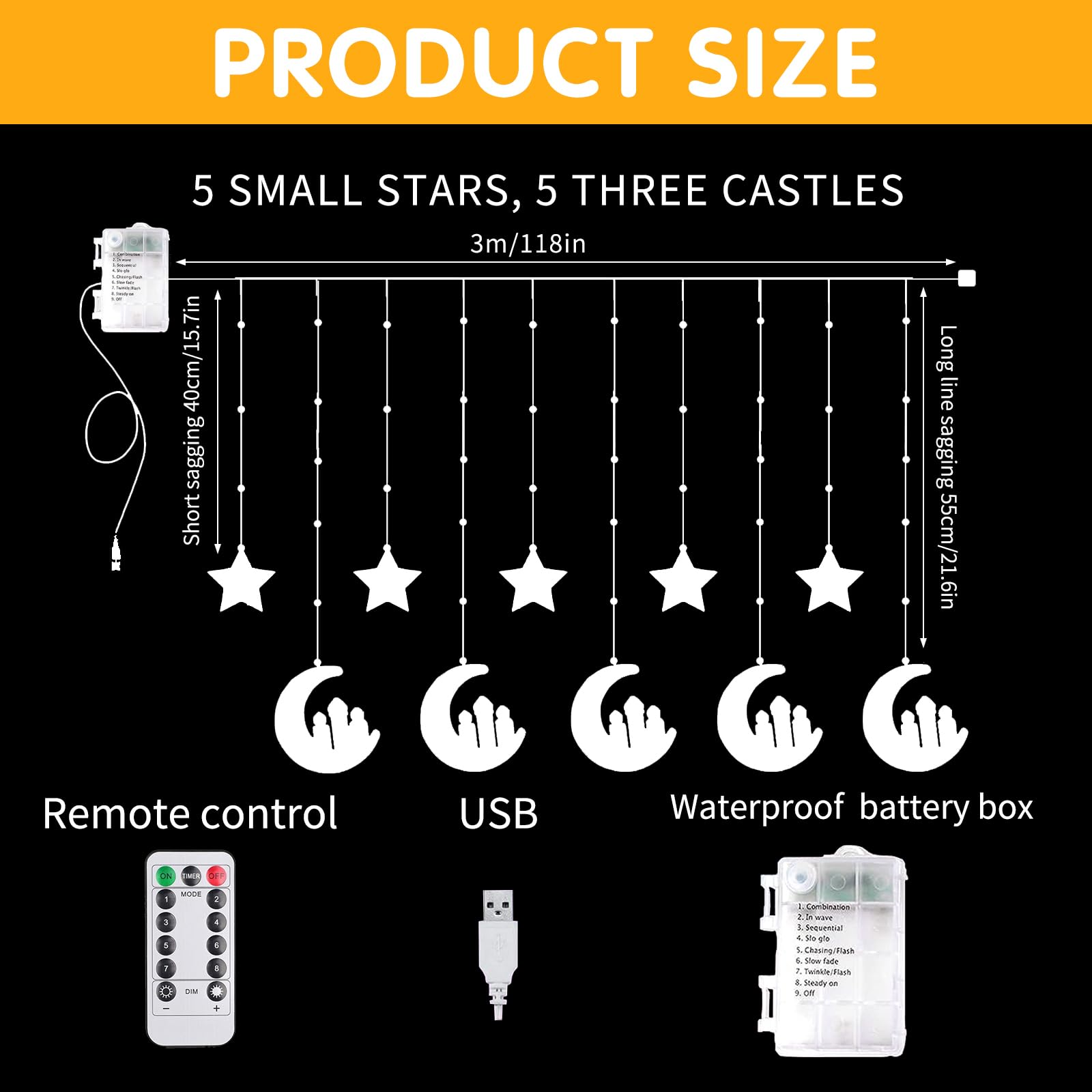 DAZZTIME Etoiles Lune Rideau Lumières, 100 LED Guirlande Lumineuse, 3 M Ramadan Mubarak Lampe Décorations, 8 Modes De Clignotement Et Télécommande