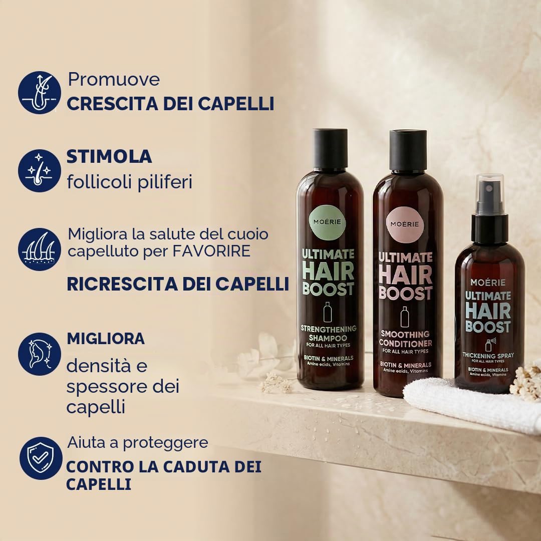 Moerie Mineral Shampoo e Balsamo Plus Hair Spray Mega Pack - Il set definitivo per la cura dei capelli - Per capelli più lunghi, spessi e pieni - Prodotti vegani per capelli - Prodotti senza parabeni