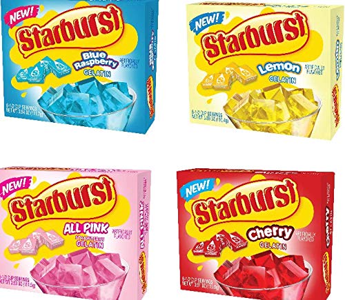 Starburst Gelatin variety pack, 4 flavor Lemon, Blue Raspberry, All pink Strawberry, and cherry (3.89 OZ each)