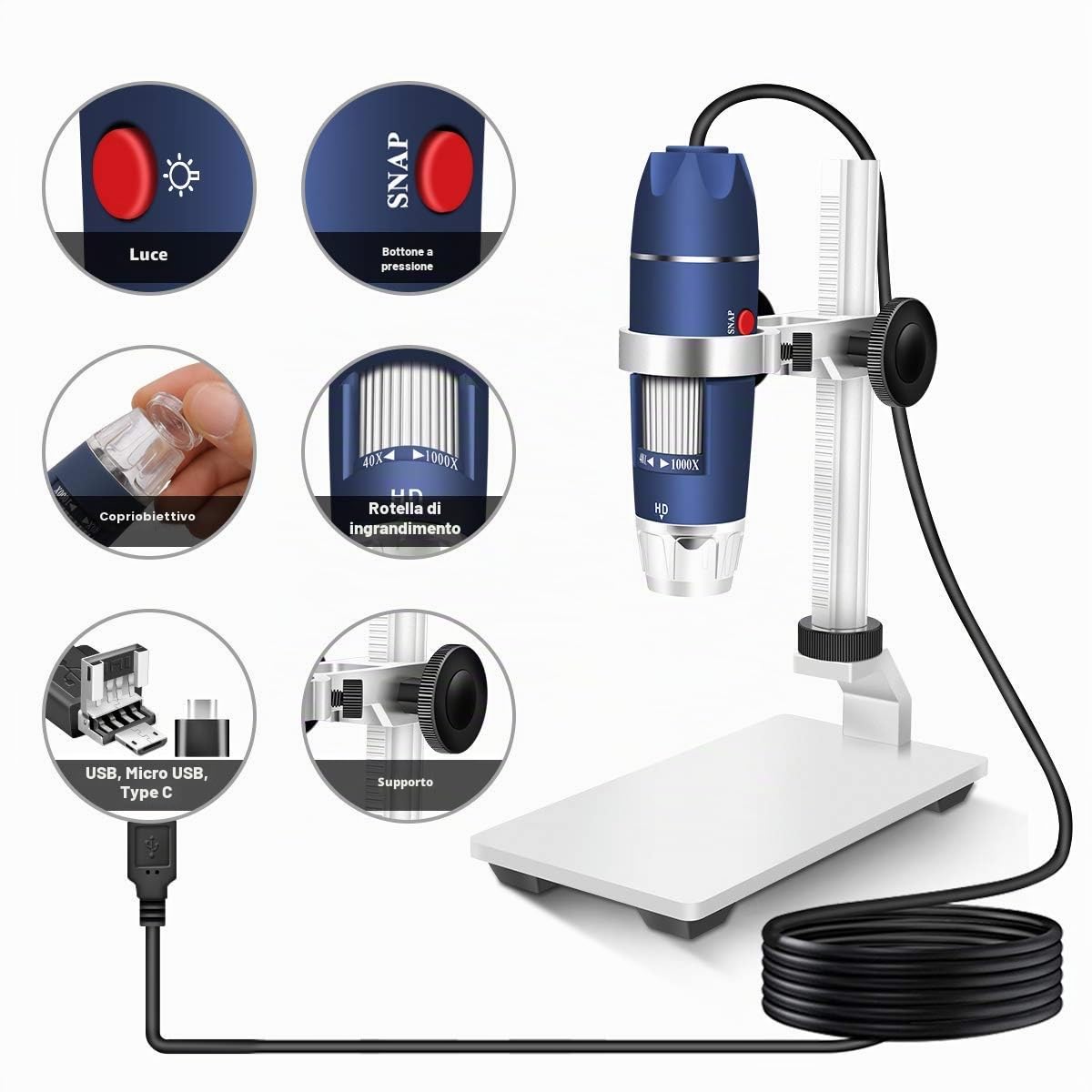 Jiusion Microscopio digitale USB HD 2MP 40-1000X Fotocamera per endoscopio con ingrandimento portatile con 8 LED Supporto stabile in lega di alluminio per OTG Android Mac Windows 7 8 10 11 Linux