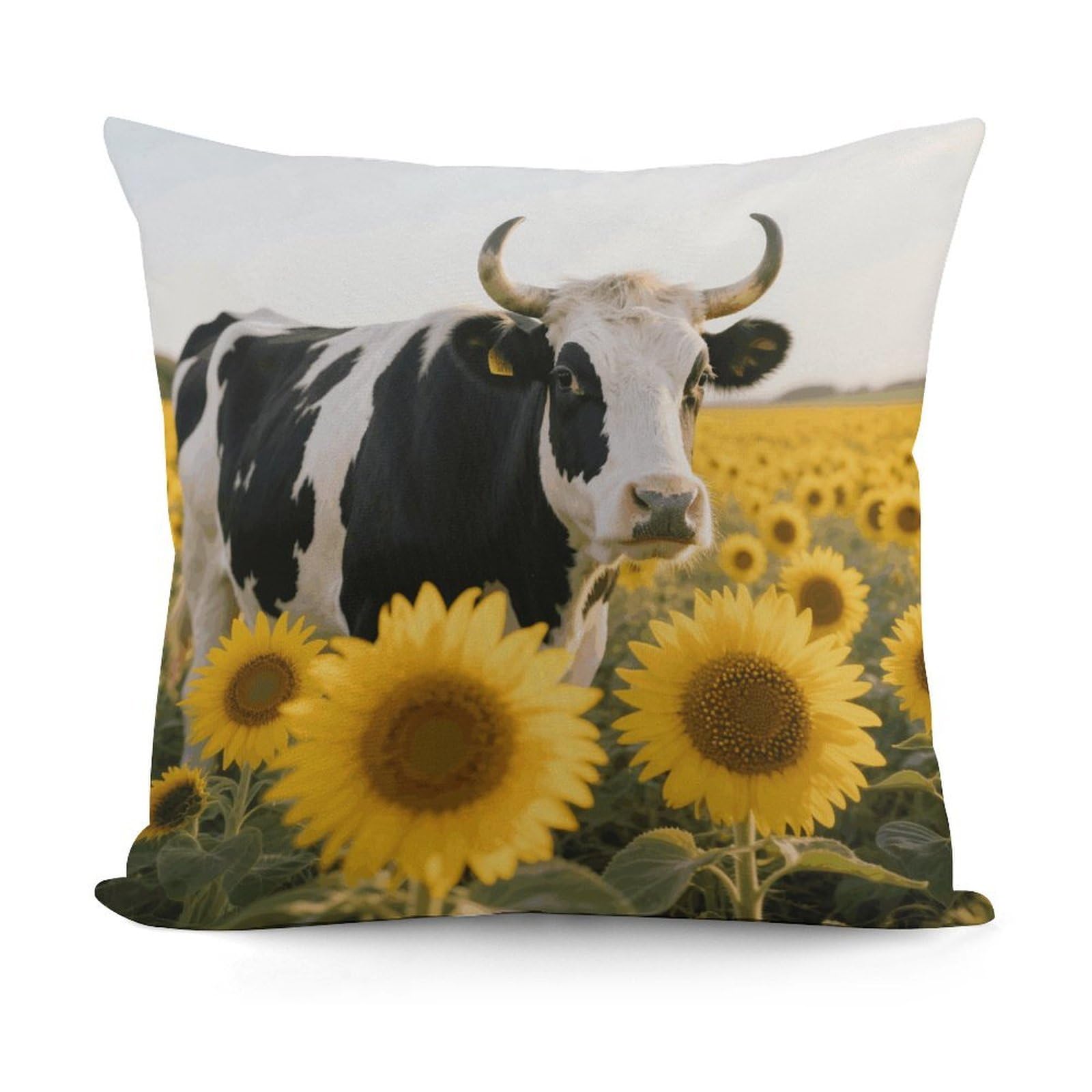 VstaDank Cow Sunflowers Pillow Cover with Invisible Zipper Square Throw Pillowcase Plush Couch Sofa Pillow Case 18x18 Inch Decorative Throw Cushion Covers for Sofa Living Pillowcover