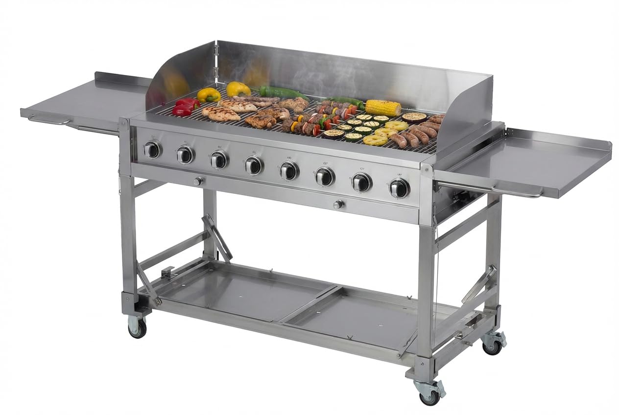 METRO Professional 8-Brenner Gasgrill, Grillfläche 49 x 120 cm, Ablagetisch, fahrbar, Schutzabdeckung, Edelstahl, silber