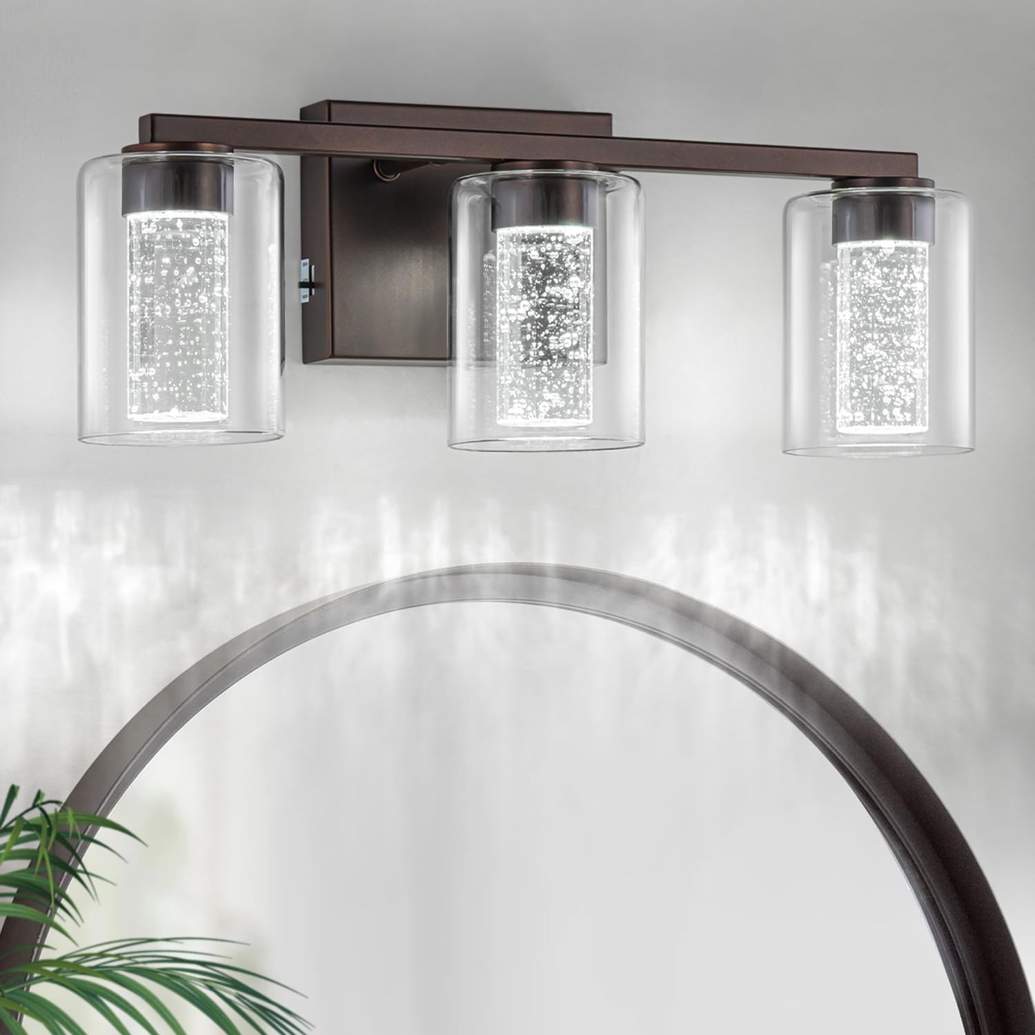 Photo 1 of *****MISSING GLASS SHADE*****SineRise 3-Light Bronze Vanity Light with 3 Color Modes (3000K/4000K/6000K), Eye Protection LED Bathroom Light Fixture, Dimmable Modern Wall Light Over Mirror with Clear Glass Shade