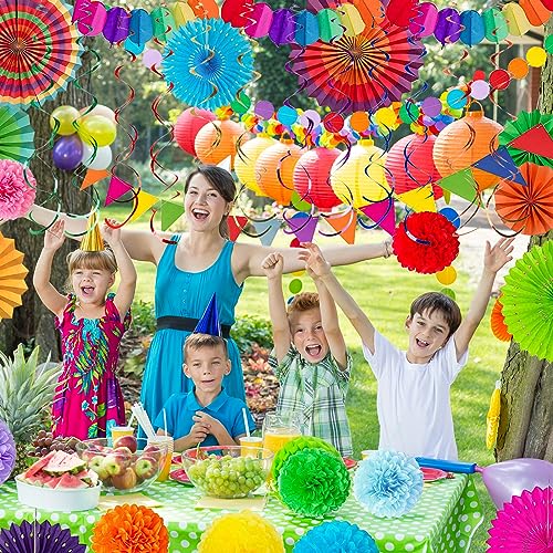 Image of Fiesta Party Decorations Set 33Pcs, Multi-Color Cinco De Mayo Hanging Paper Fans, Paper Pom Poms, Pennant, Garland String and Banner for Fiesta, Cinco de Mayo, Birthday, Wedding or Mexican Party