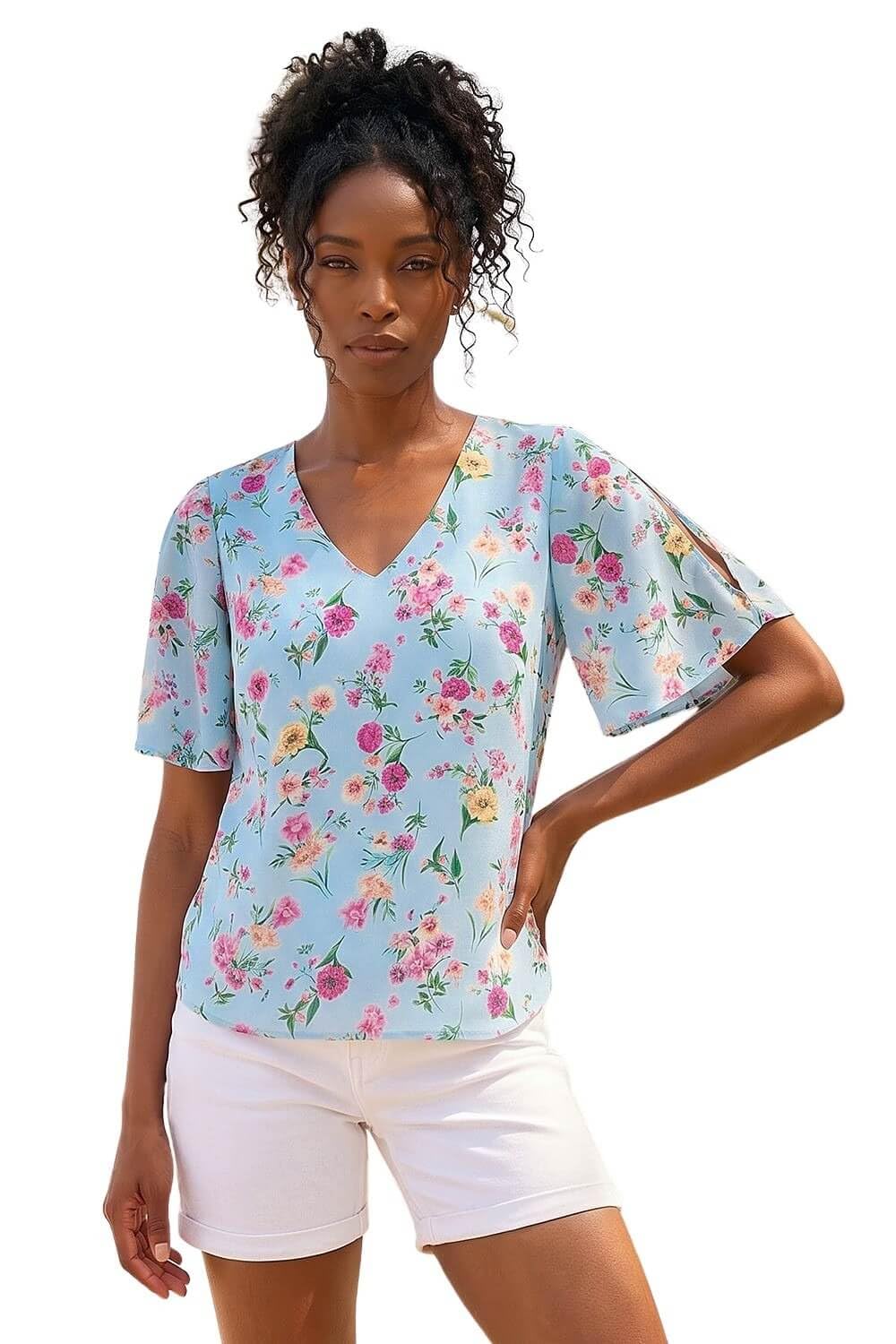 Roman Originals Women's Floral Light Blue Floral Short Angel Sleeve Top - Fashion Smart Casual Formal Party Gatherings Special Occasions Summer Holiday Work Wear Tops - Size 20