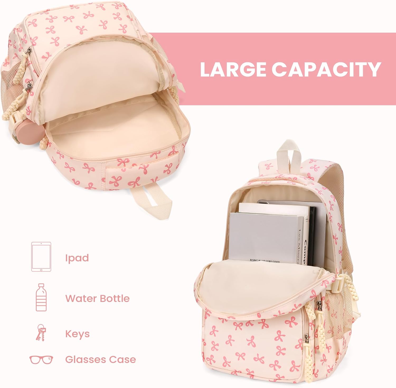 Bow Backpack for Women Coquette Aesthetic Nylon Rucksack Cute Kawaii Backpack 3Pcs Set With Bow Pattern - Image 4