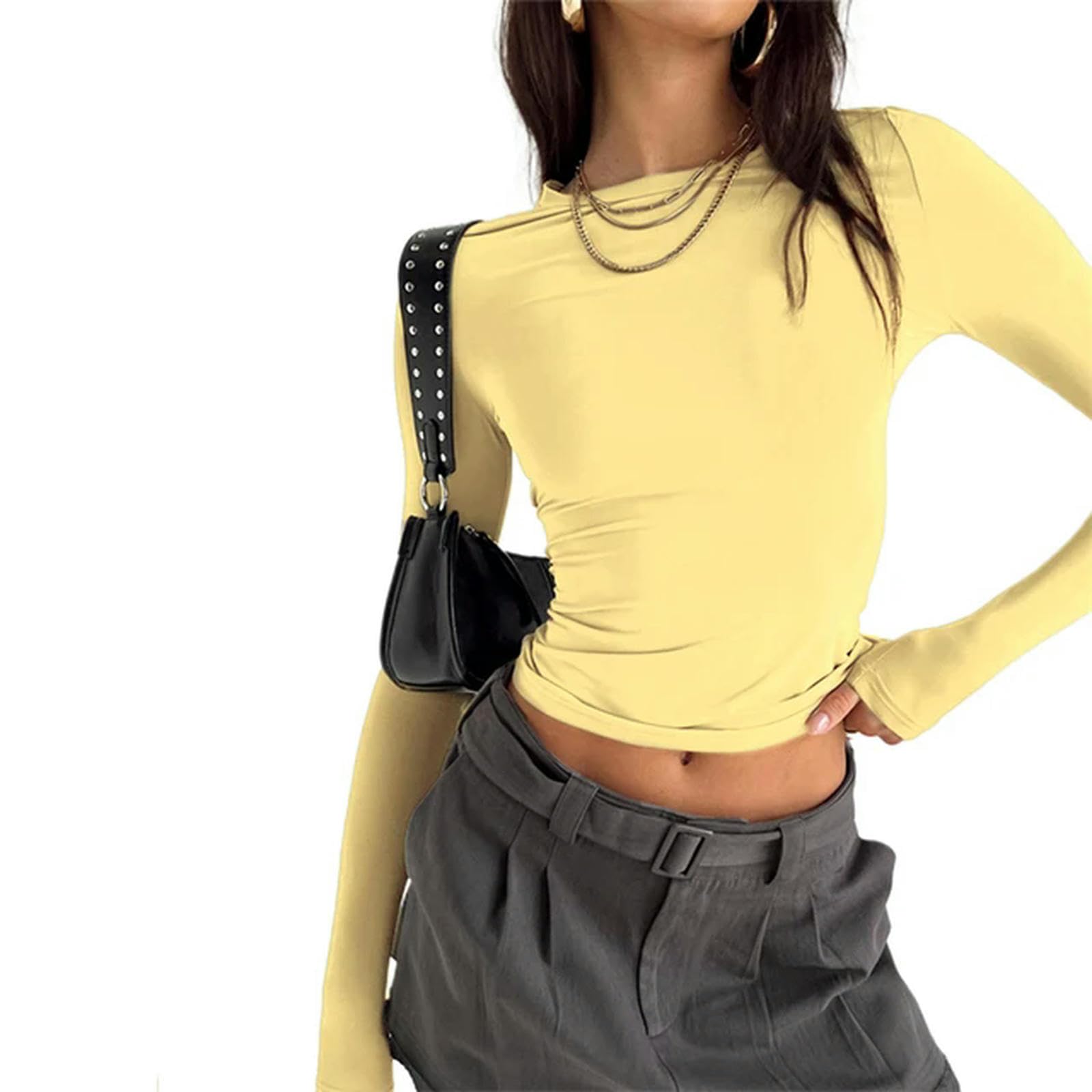 T-shirt printemps manches longues femme haut basique col rond pour look décontracté