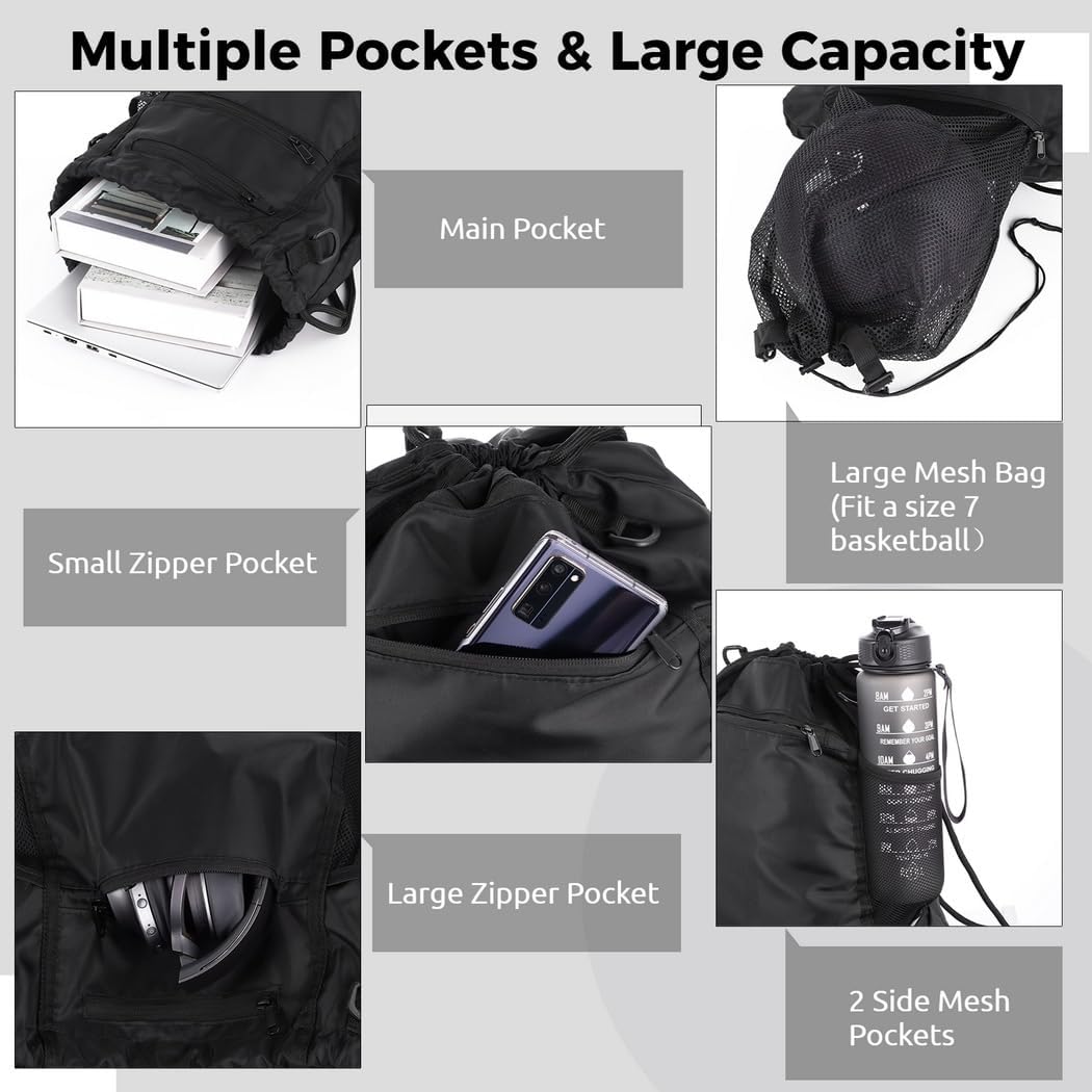 Waterproof Soccer Backpack with Drawstring Closure, Multi-Pocket Sports Bag for Football, Basketball, and Volleyball