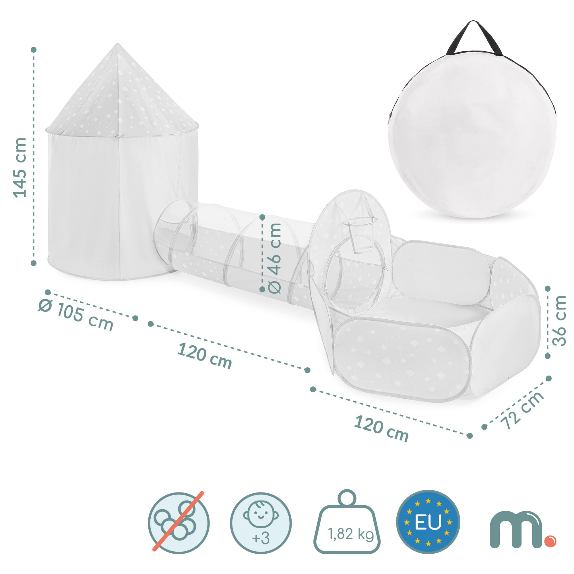 Mamabrum Spielset 3-in-1 Zelt Schloss mit Tunnel und Ballbecken, Faltbarer Spielplatz für Haus und Garten, Grau mit Weiß, Polyester, Metall, 50 x 60 x 100 cm