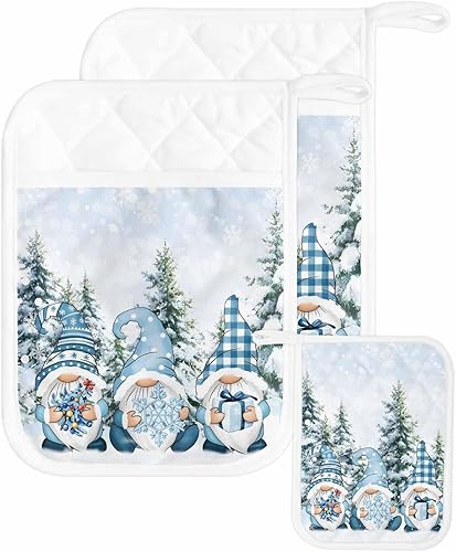 Juego de 2 agarraderas azules de Navidad para cocina, antideslizantes y aislantes de calor, juego de agarraderas de tela de toalla con bolsillo,