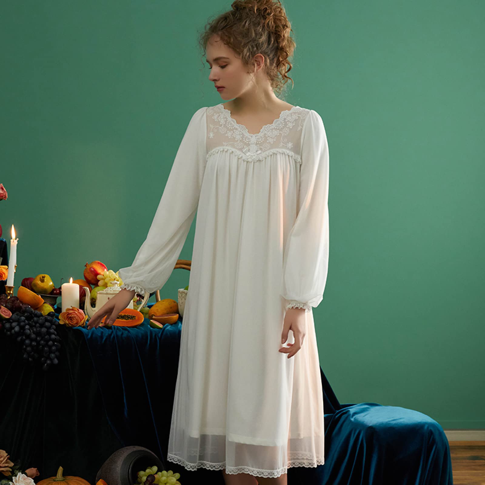 OFFSUM Camicia da Notte Donna - Pigiameria da Notte con Scollo A V in Pizzo Vintage Primavera Estate Tinta Unita Elegante Abito da Notte Casual da Principessa Casual Loungewear