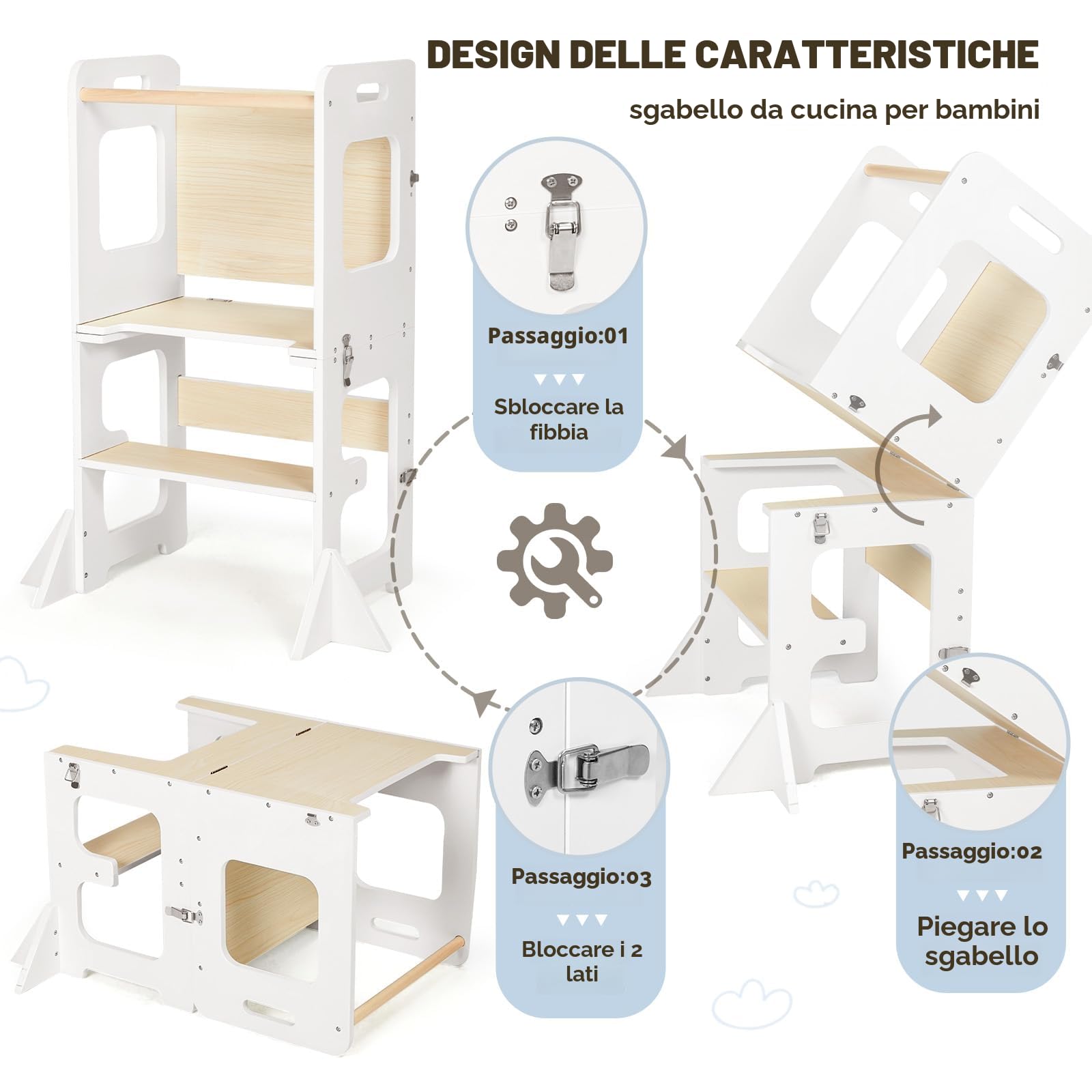 Labebe Montessori Torre per bambini, 3 in 1 Torre di Apprendimento Pieghevole, Multifunzionale Torre didattica con lavagna, Legno protezione antiribaltamento torretta da 1 anno bambini-bianco e legno