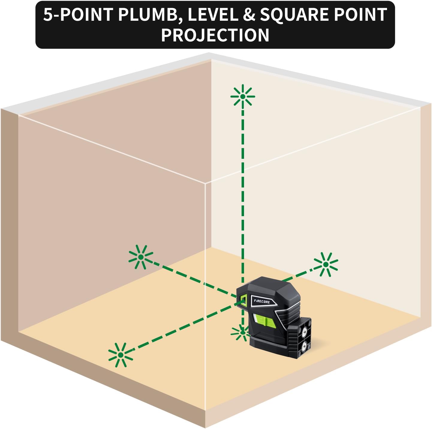 Firecore 5-Point Laser Level, Green Beam Self-Leveling Laser Plumb Bob with Magnetic Base, 131-Foot Range, 2 AA Batteries and Carry Pouch Included - F501G