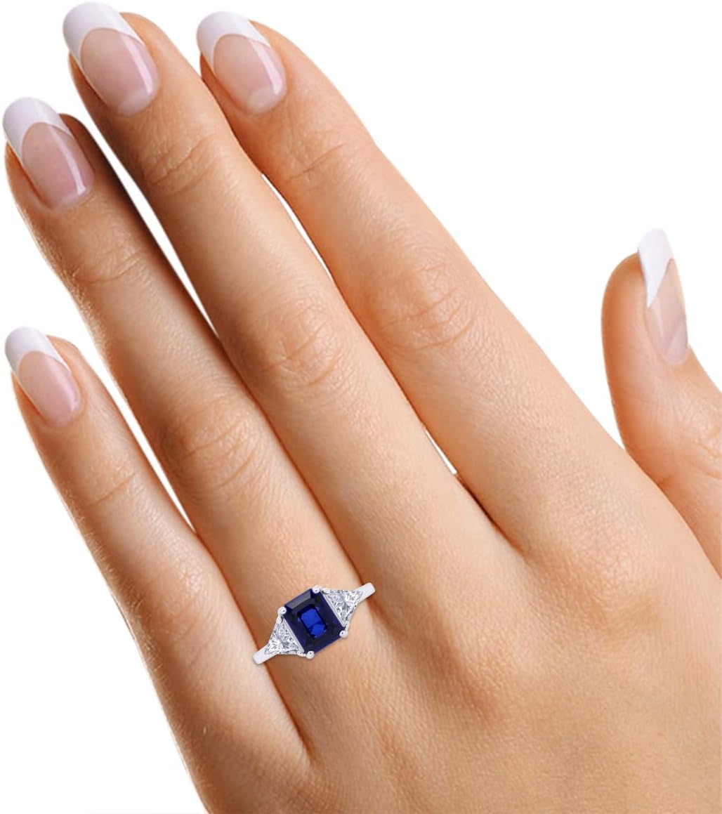 3 Stone Rings for Women Center 8X6MM Emerald Cut Simulated Blue Sapphire with White Topaz Statement Promise Ring in 14K Gold Plated 925 Sterling Silver Jewelry Gift for Her