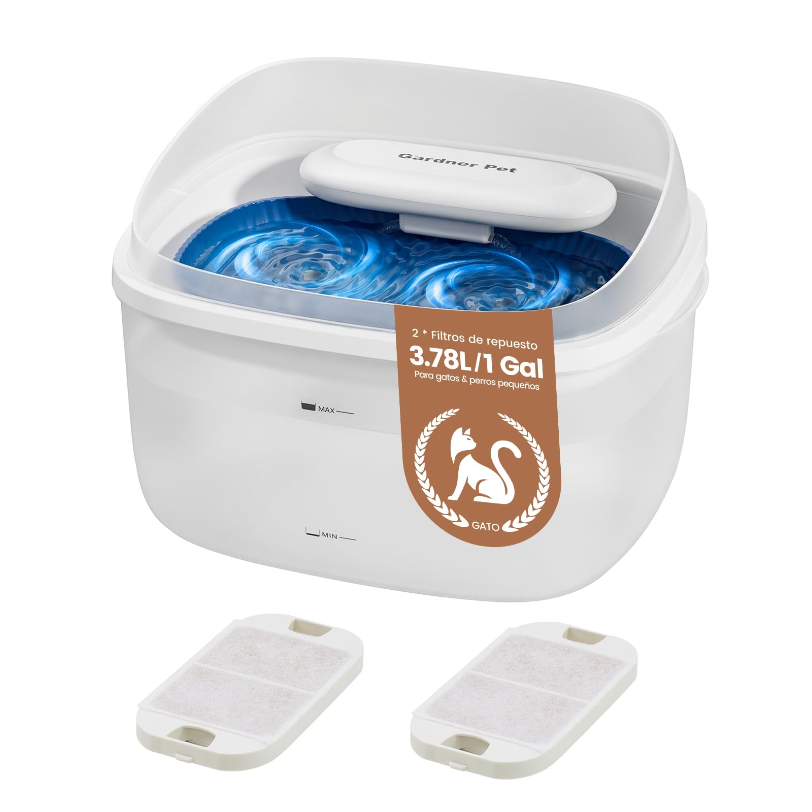 Gardner Pet Fuente para Gatos y Perros 3.78L-Blanco | Bebedero con Vortice Ultra Silencioso, Filtro y Tanque Transparente, Sin Adaptador
