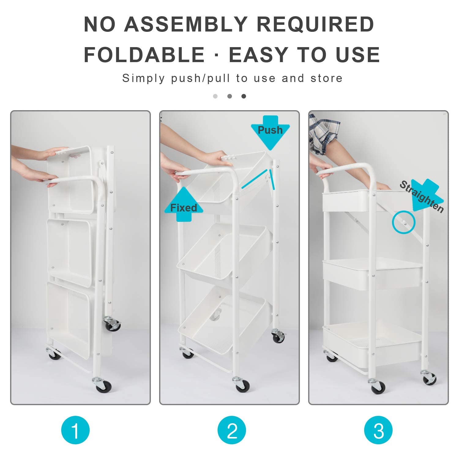Dripex Carrito de Cocina Plegable con Ruedas, No Requiere Montaje, Soporta 20kg/Nivel, Carros Multiuso para Cocina Oficina Salón Dormitorio, 44x30x89,5cm, 3 Niveles