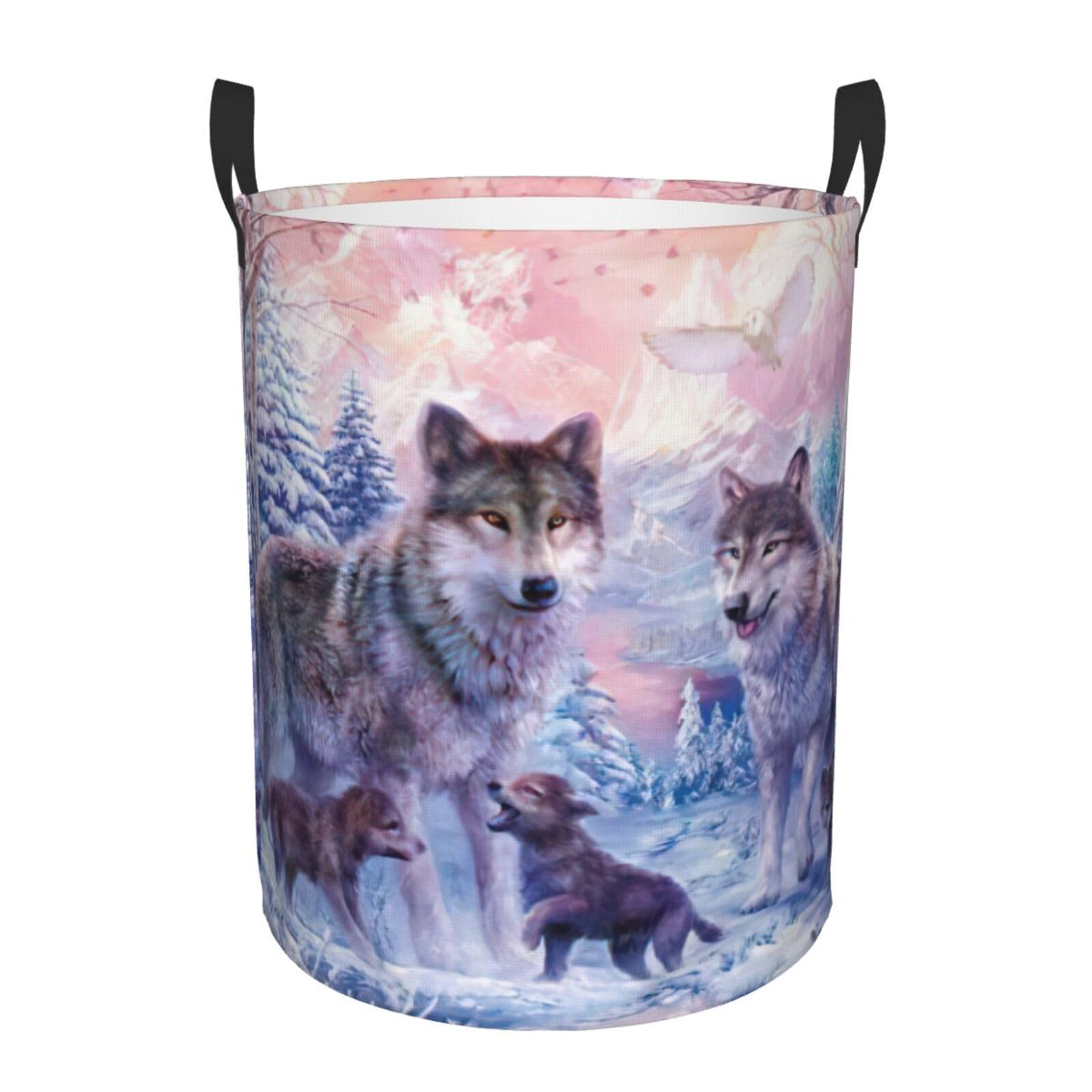 Panier à linge haut imprimé famille de loups grand format