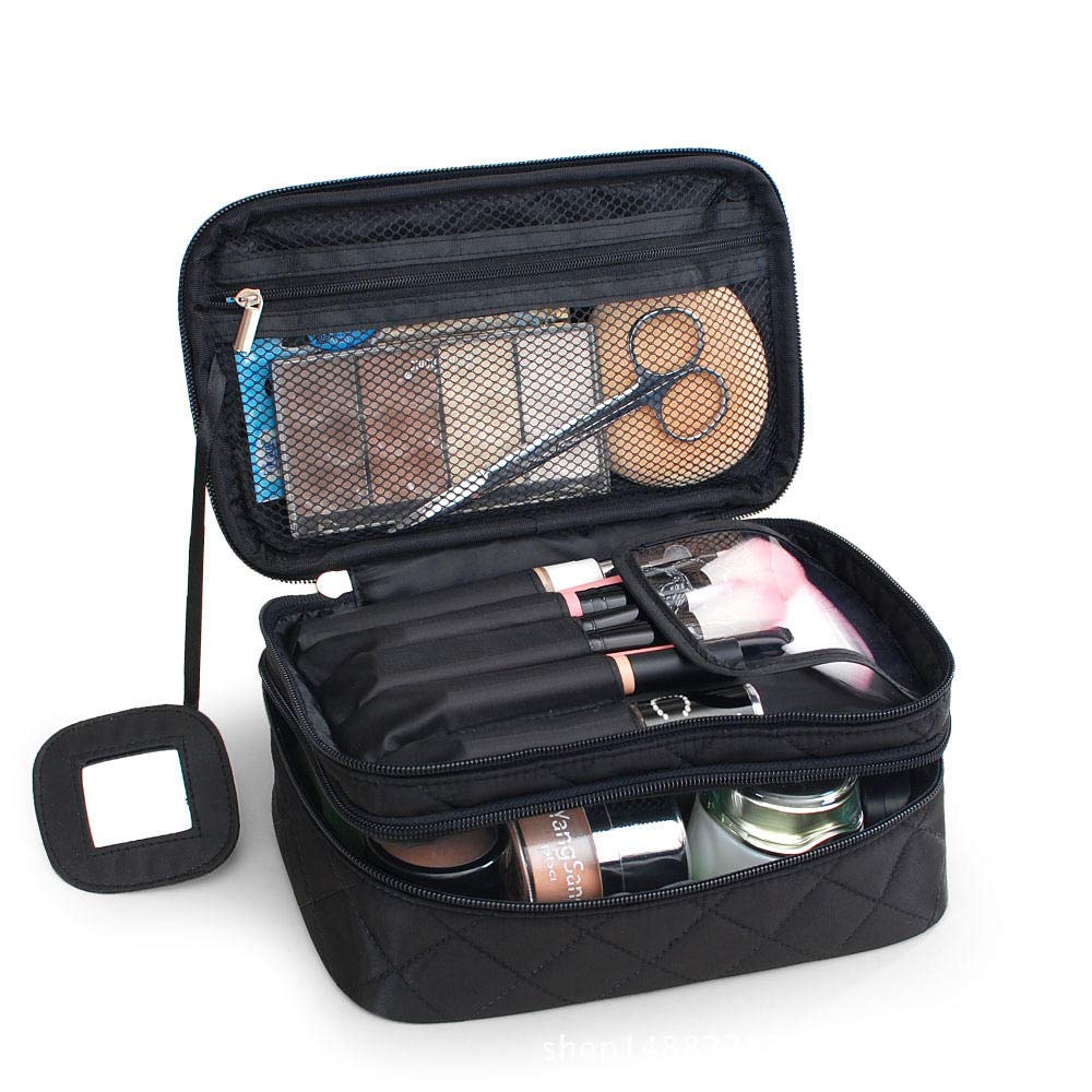 Doble capa de nylon de la señora bolsa de cosméticos impermeable maquillaje bolso herramientas organizador bolsa lavado inodoro - negro