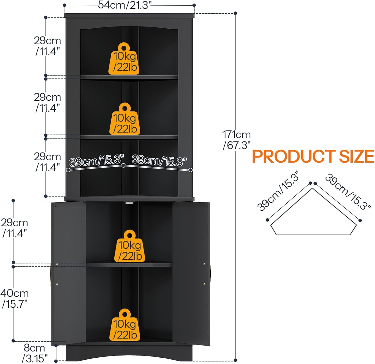 HOOBRO Corner Cabinet with LED Lights, 67.3" Tall Farmhouse Corner Storage Cabinet with Doors and Storage Shelves, 5-Tier Corner Bathroom Cabinet, for Living Room, Kitchen, Black BK74DCJ01