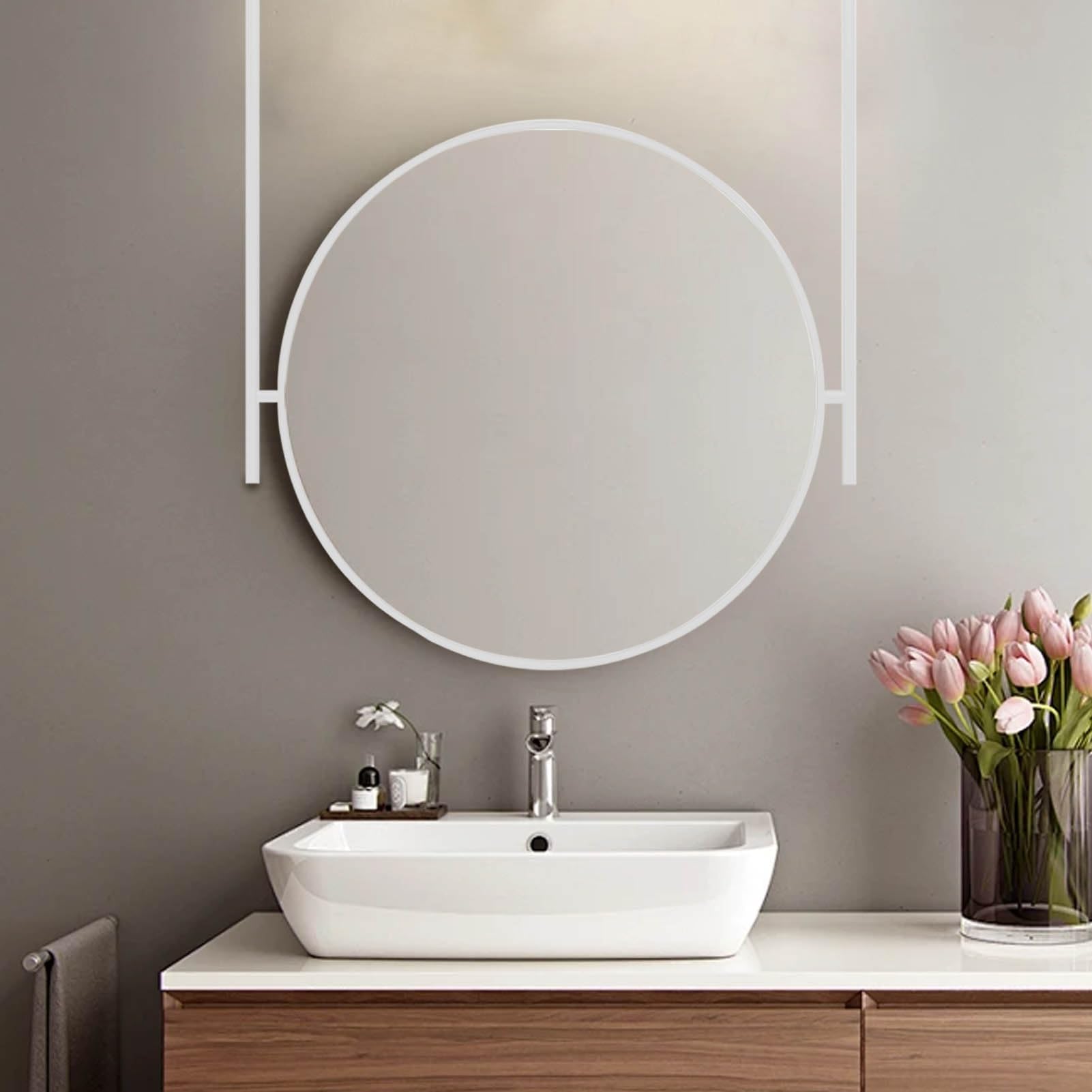SXFSDOU Large Circle Bathroom Mirror with Metal Frame and Boom Entryway Vanity Wall Mirror, White Decorative Hanging Mirror(Diameter-70CM/27.6INCH)