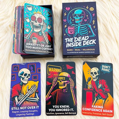 Image of DPEHAKMK The Dead Inside Oracle Deck, 54 Dark Humor Skeleton Oracle Cards for Beginners, Funny Halloween Skeleton Oracle Cards, Shadow Work Deck for Anxiety, Self-Awareness, and Modern Life Meltdowns
