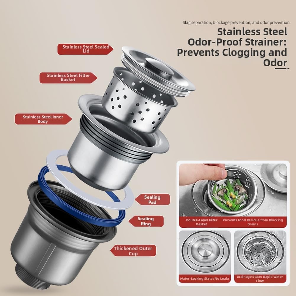 ReachMall Set di tubi di scarico per lavello da cucina, doppia ciotola, in acciaio inox, neutralizzazione degli odori per un efficiente lavaggio dei piatti e collegamento idraulico