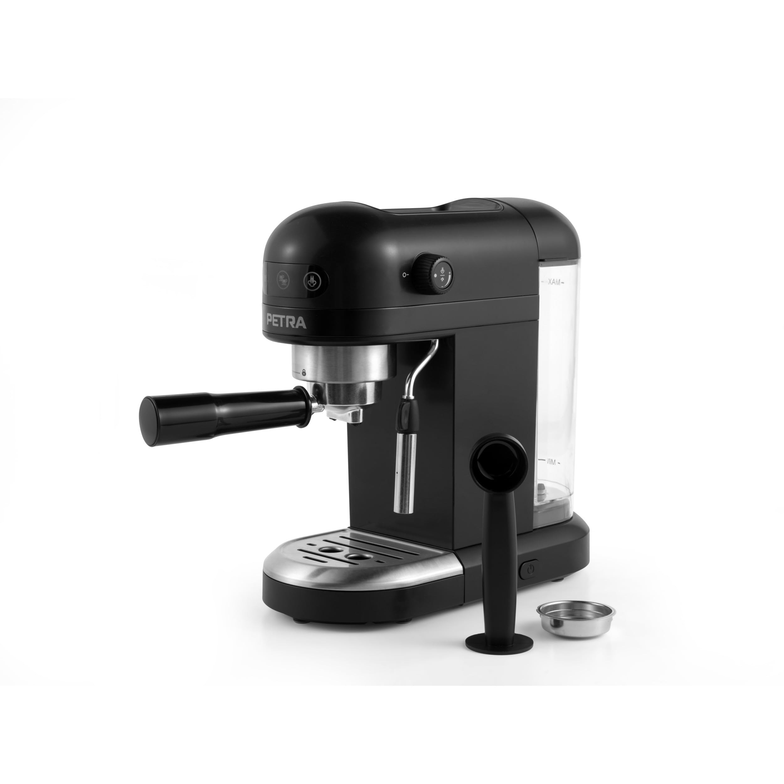 Petra PT5240 Cafetera Espresso - con espumador de leche, depósito de 1,4 l, expreso de estilo barista simple o doble, Máquinabomba de presión italiana de 15 bares, apta para café molido, 1465 W, negra