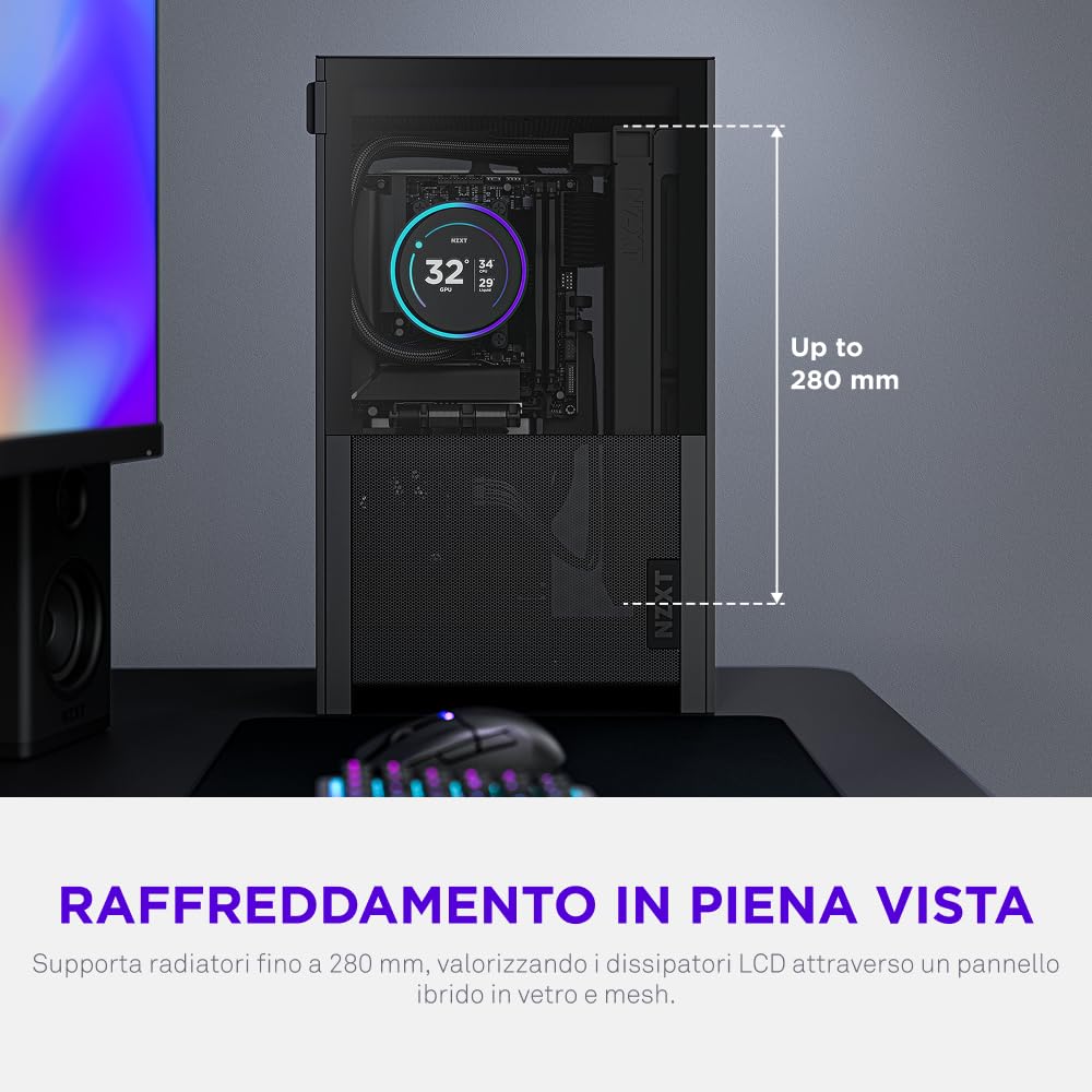 NZXT H2 Flow – Case per PC Mini-ITX da 20,7 litri ad alto flusso d'aria – Include 2 ventole superiori da 120 mm e cavo riser PCIe 5.0 – GPU da 331 mm – Radiatore da 280 mm – Nero